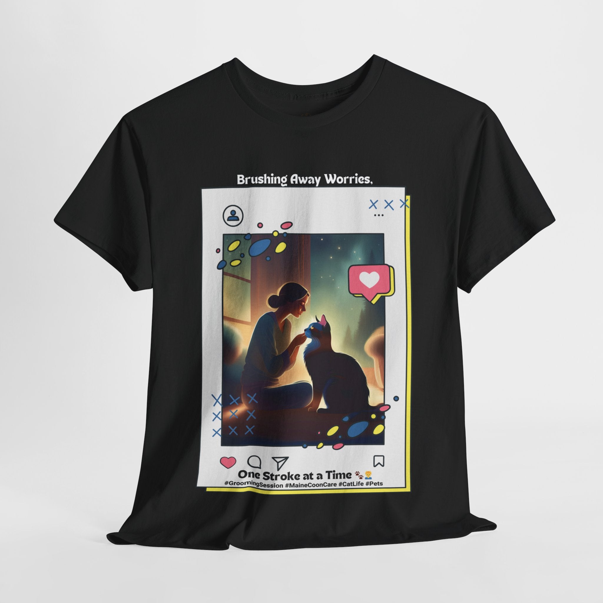 Women’s “Brushing Away Worries” Maine Coon T‑Shirt – Relaxing Grooming Tee