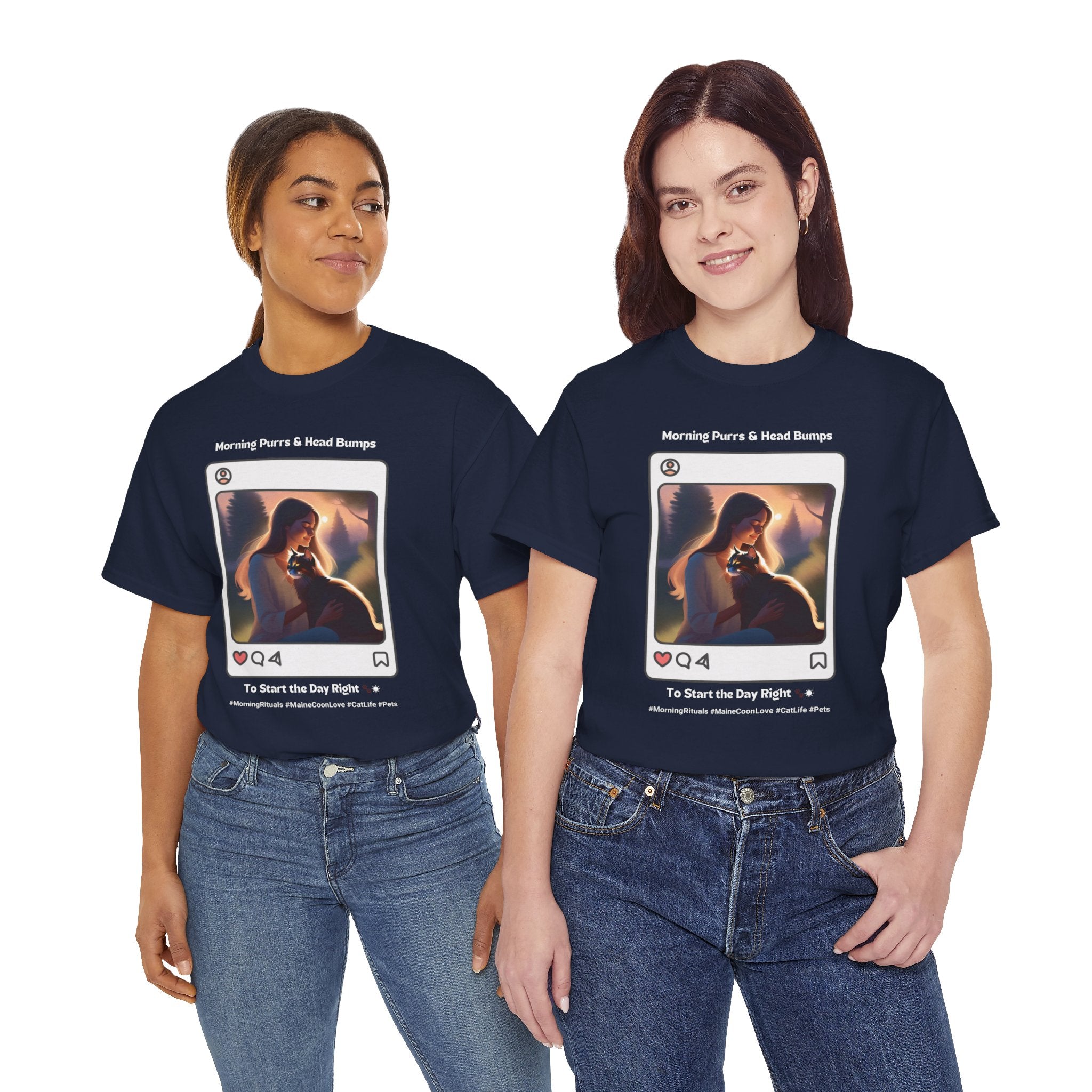Women’s “Morning Purrs & Head Bumps” Maine Coon T‑Shirt – Uplifting Cat Mom Gift