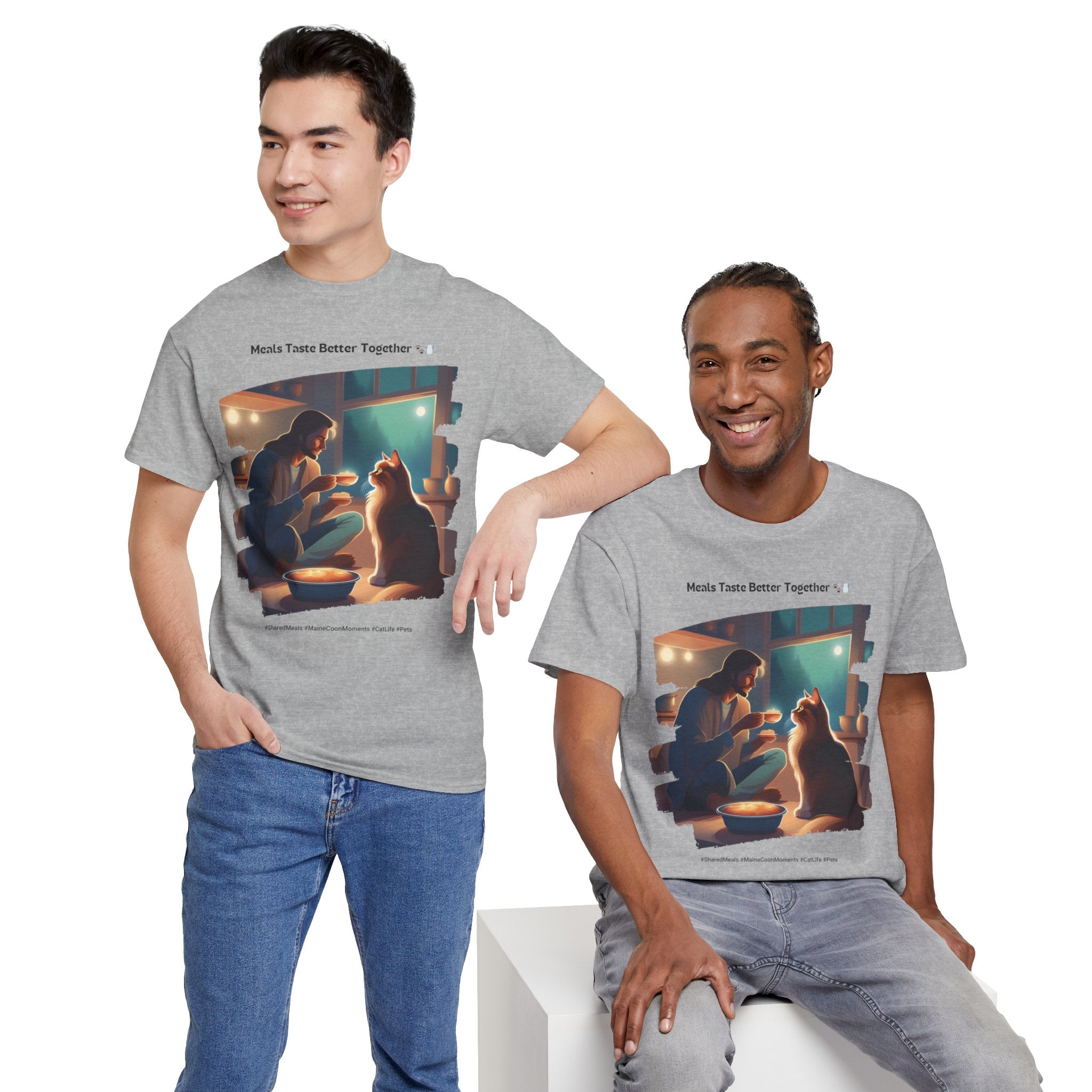 Men’s “Meals Taste Better Together” Maine Coon T‑Shirt – Meal Buddy Cat Dad Gift