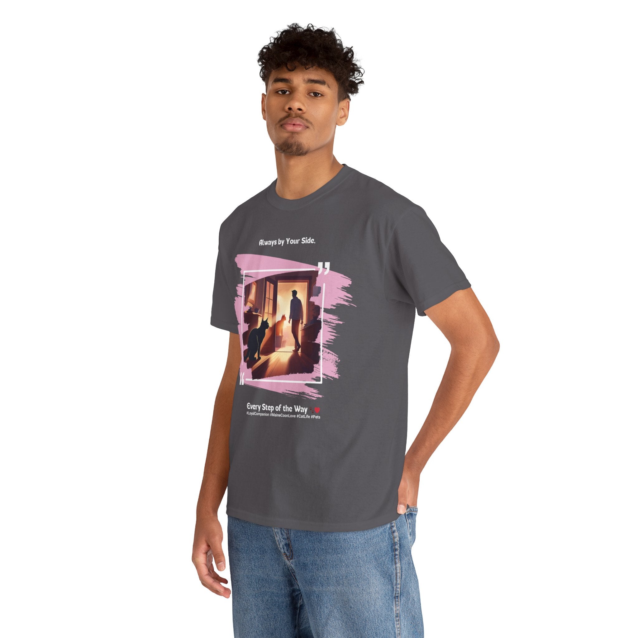 Men’s “Always by Your Side” Maine Coon T-Shirt – Loyal Fluffy Friend, Cat Dad Gift