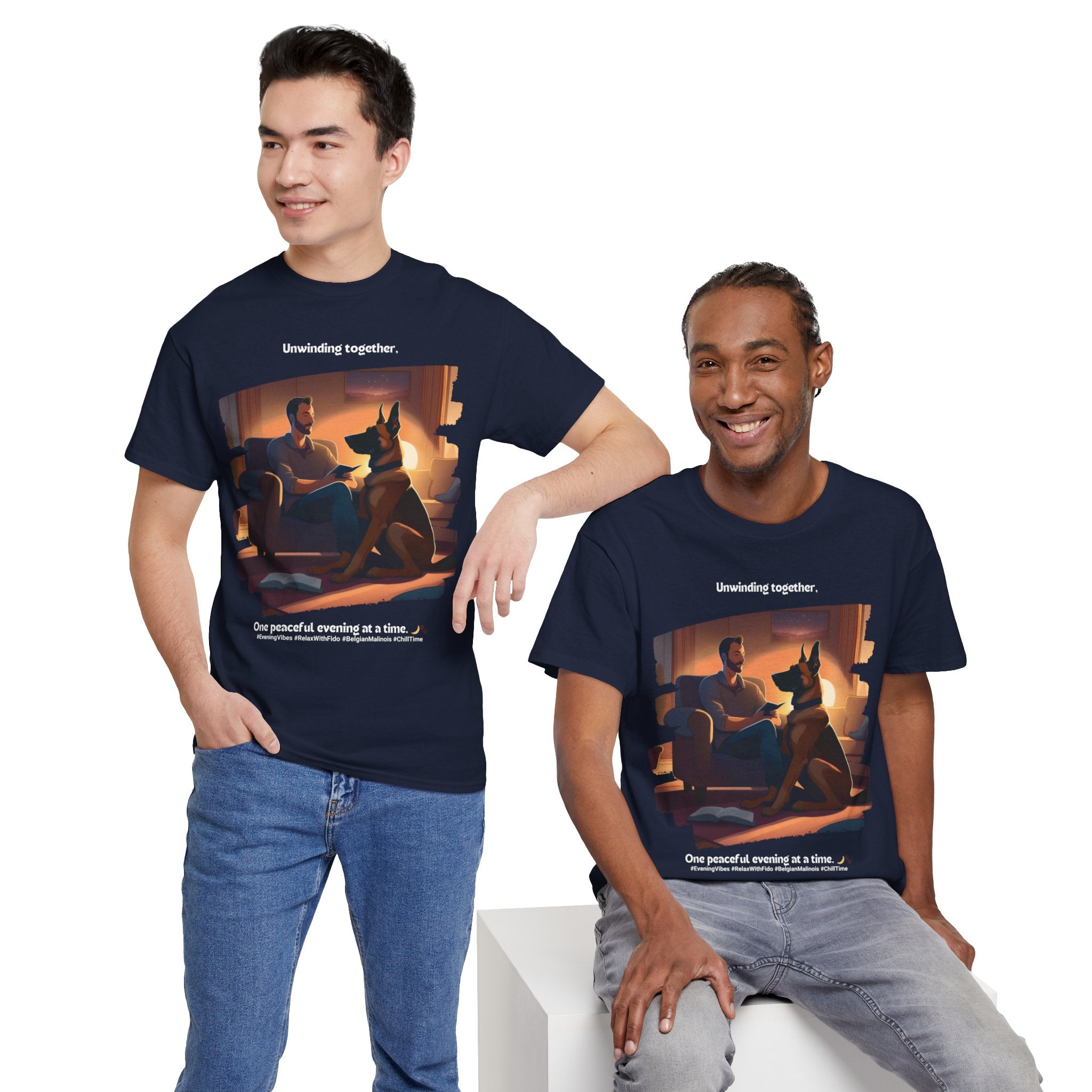 Men’s “Unwinding Together” Belgian Malinois T‑Shirt – Relaxation Gift, Bonding Dad Tee