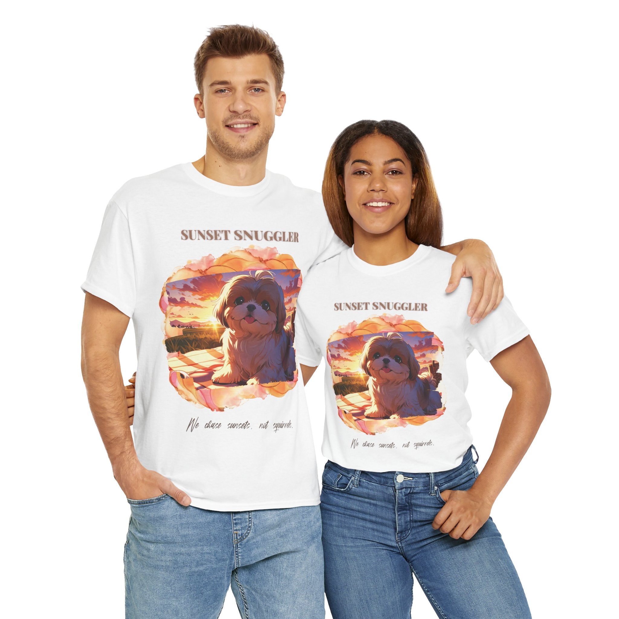 Unisex “Sunset Snuggler” Shih Tzu T-Shirt – Pet Parent Gift, Summer Vibes Tee