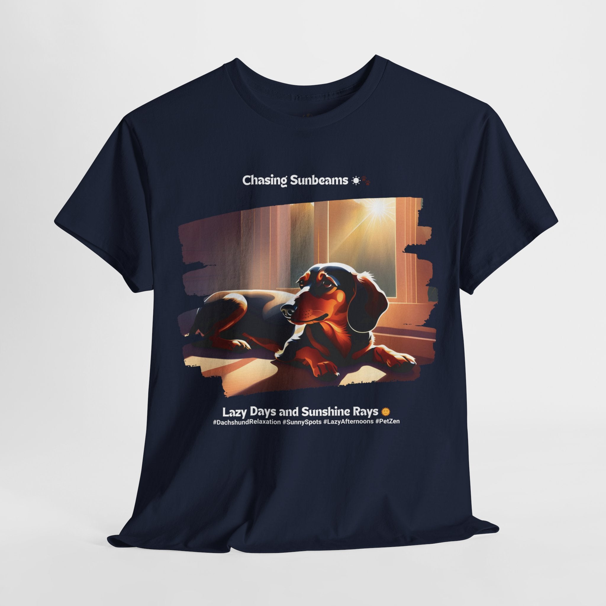 Unisex “Chasing Sunbeams” Dachshund T‑Shirt – Relaxed Pup Gift