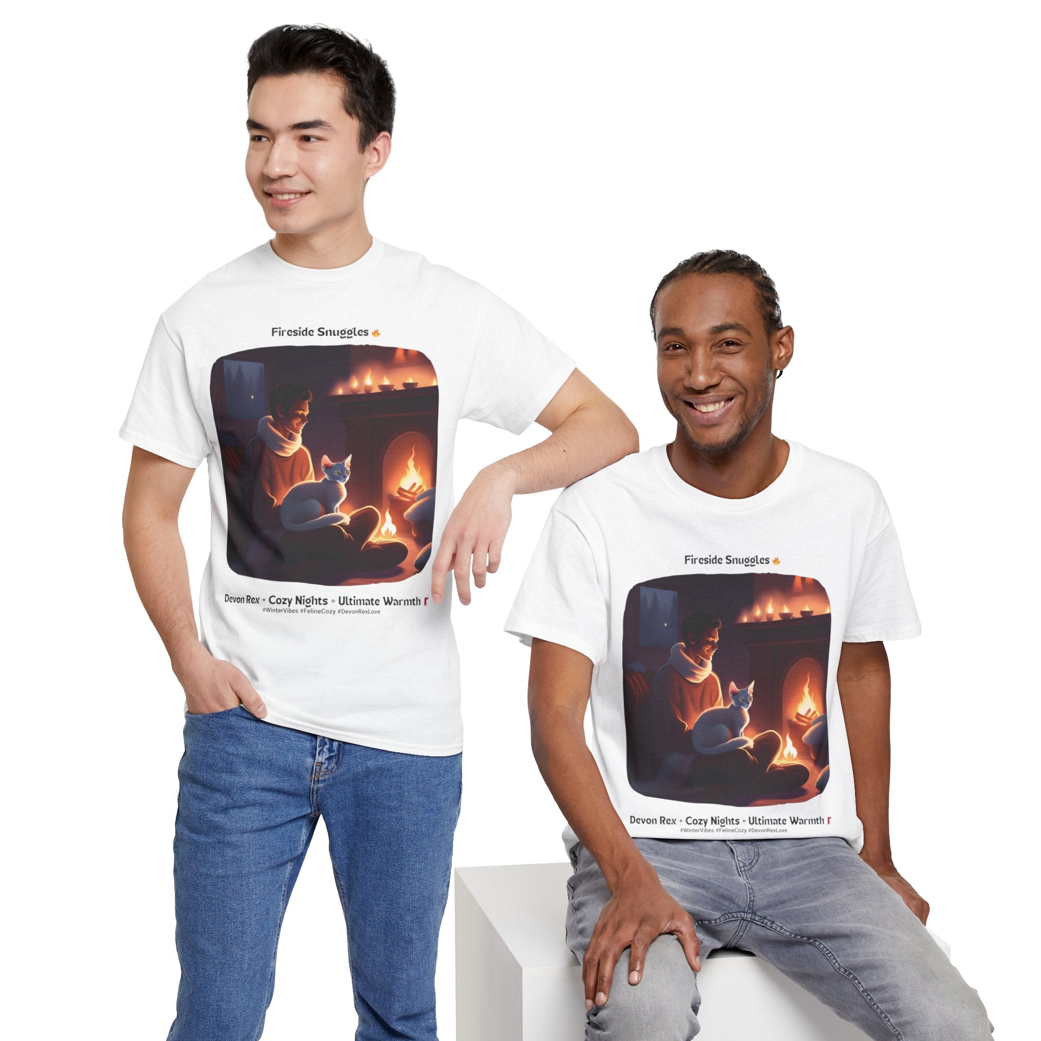 Men’s “Fireside Snuggles with Devon Rex” T‑Shirt – Cozy Cat Dad Gift