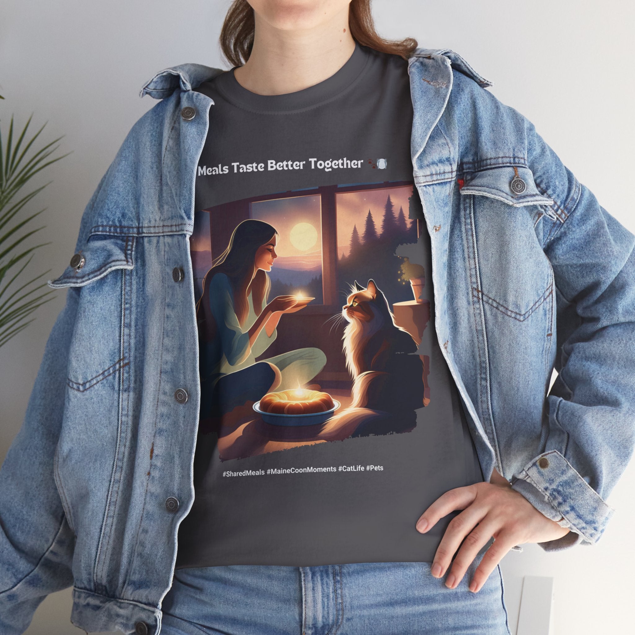 Women’s “Meals Taste Better Together” Maine Coon T‑Shirt – Meal Buddy Cat Gift