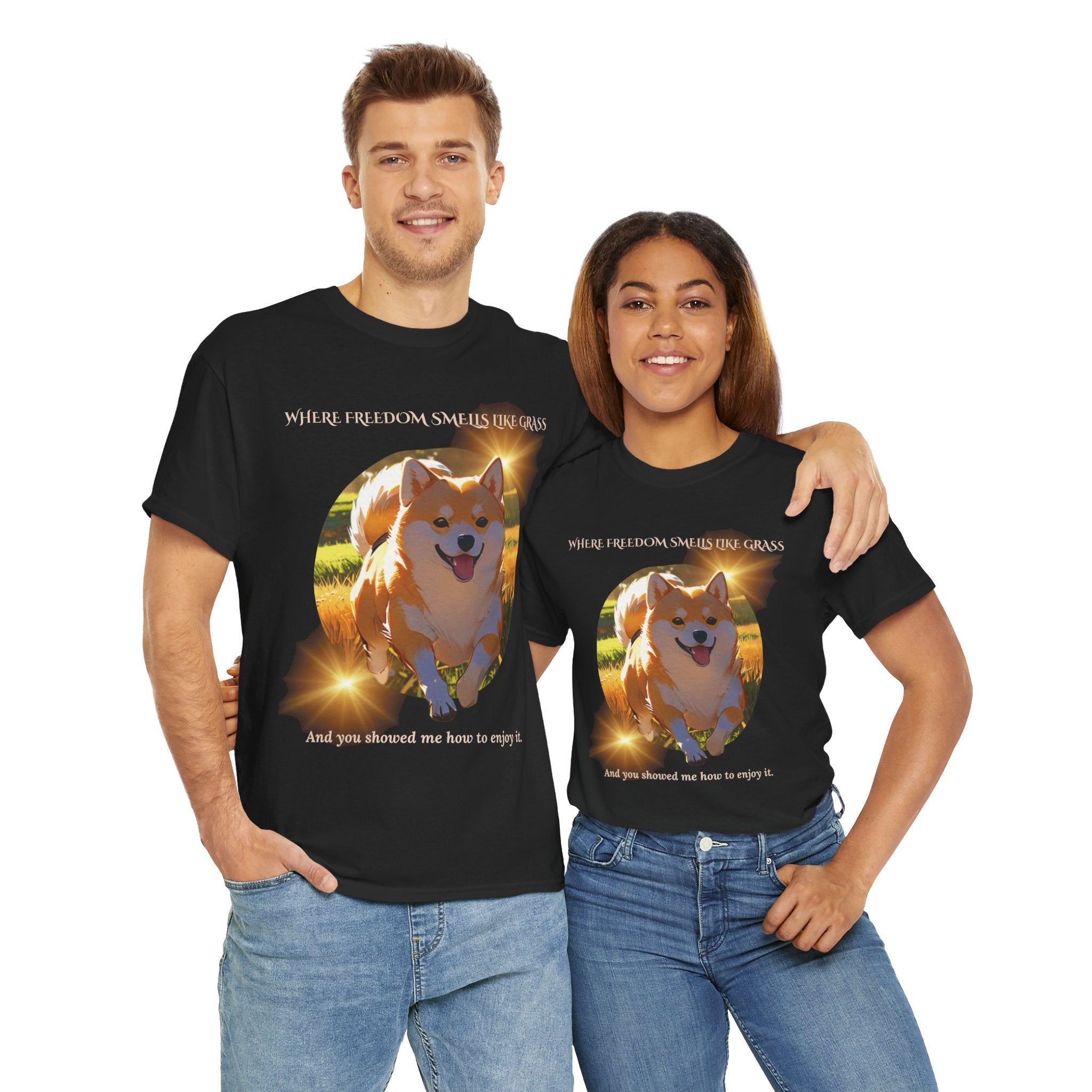 Unisex “Where Freedom Smells Like Grass” Shiba Inu T-Shirt – Dog Adventure Lover Tee