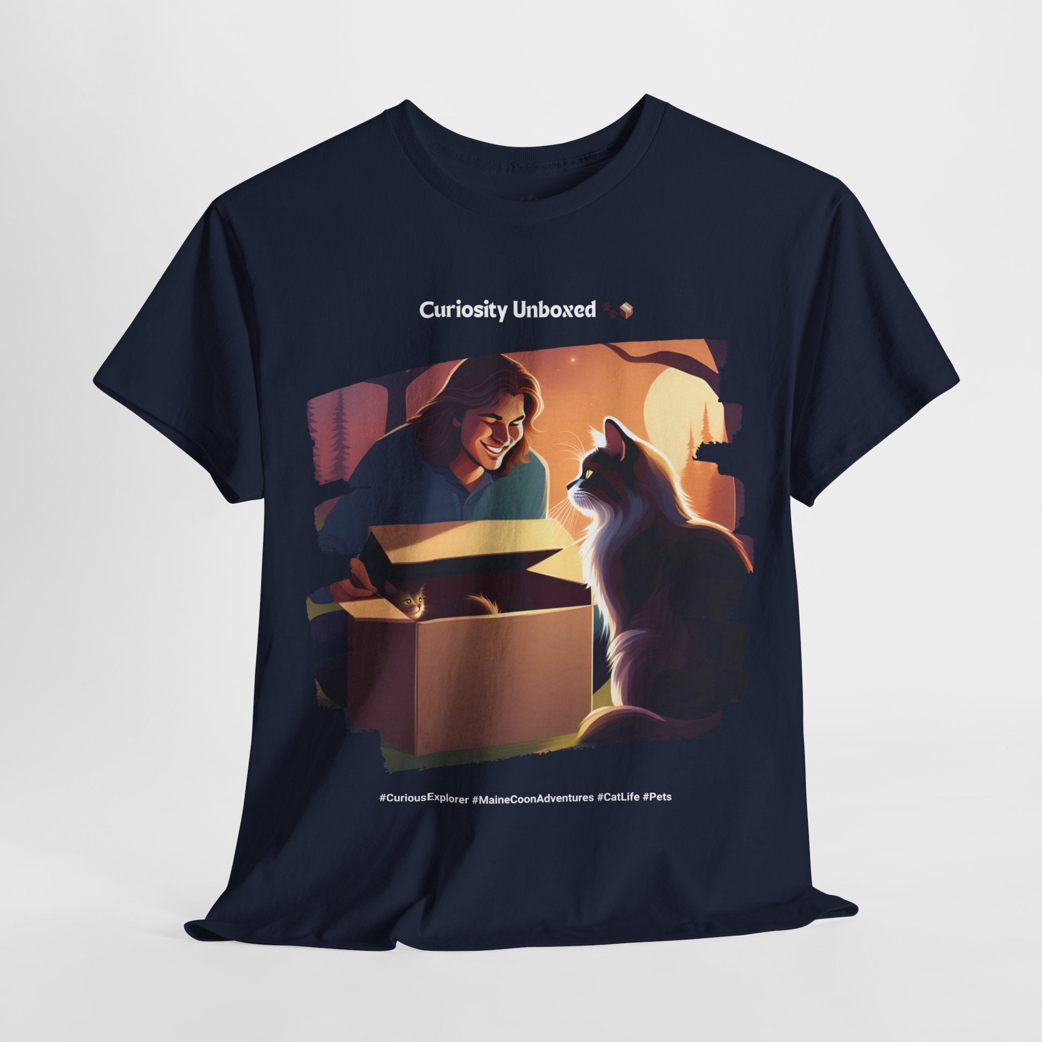 Men’s “Curiosity Unboxed” Maine Coon T‑Shirt – Adventurous Cat Dad Gift