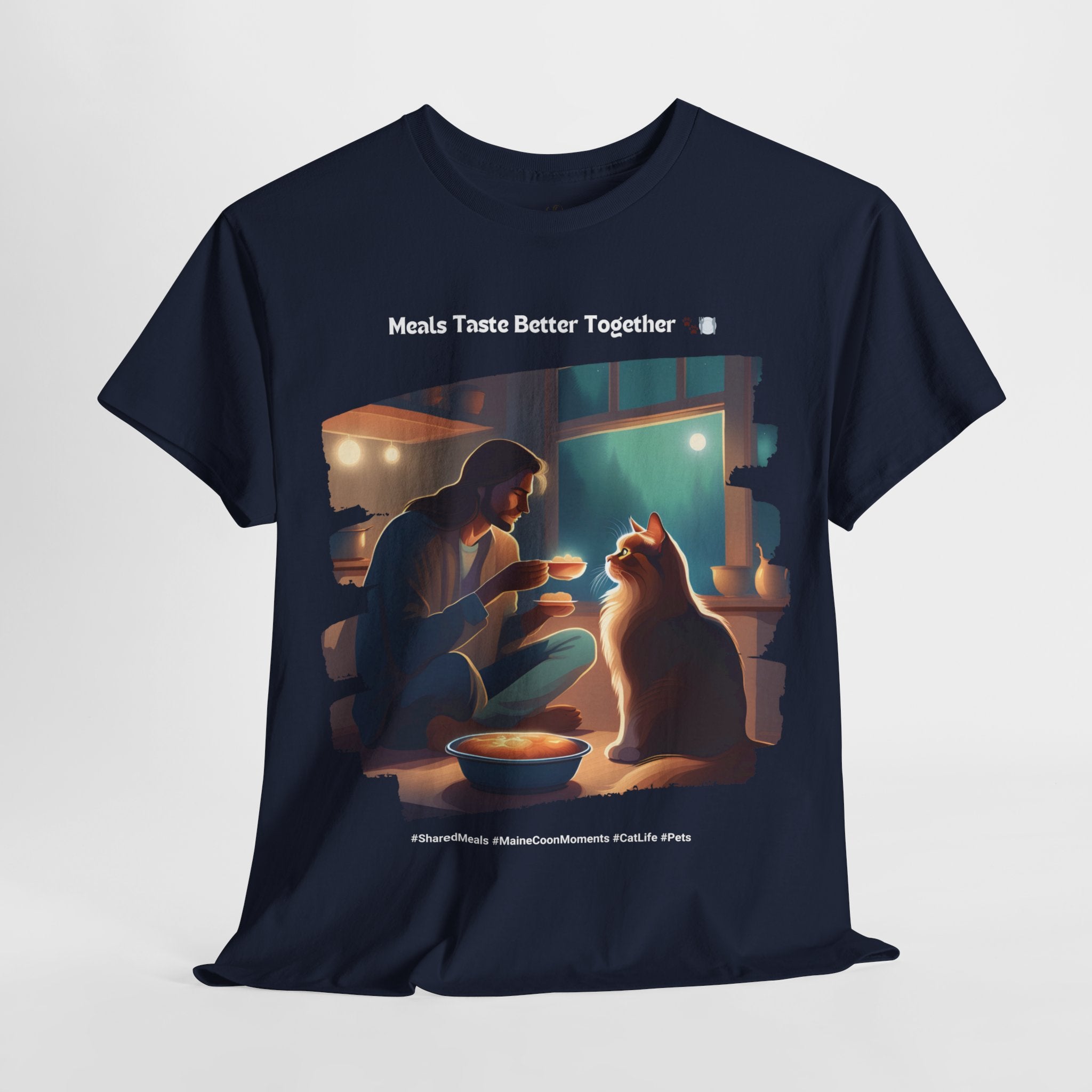 Men’s “Meals Taste Better Together” Maine Coon T‑Shirt – Meal Buddy Cat Dad Gift