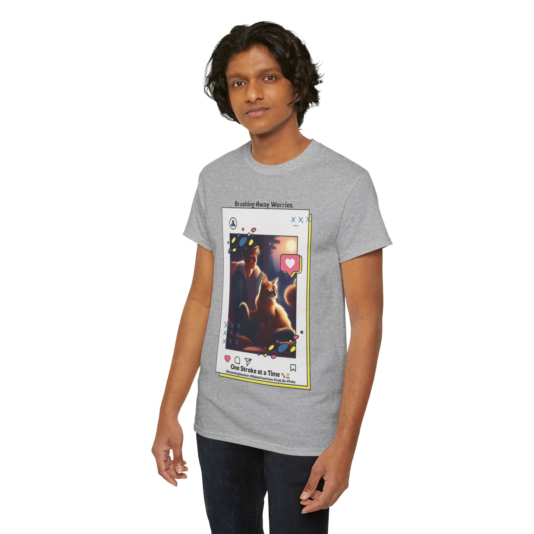 Men’s “Brushing Away Worries” Maine Coon T‑Shirt – Relaxation Cat Dad Gift