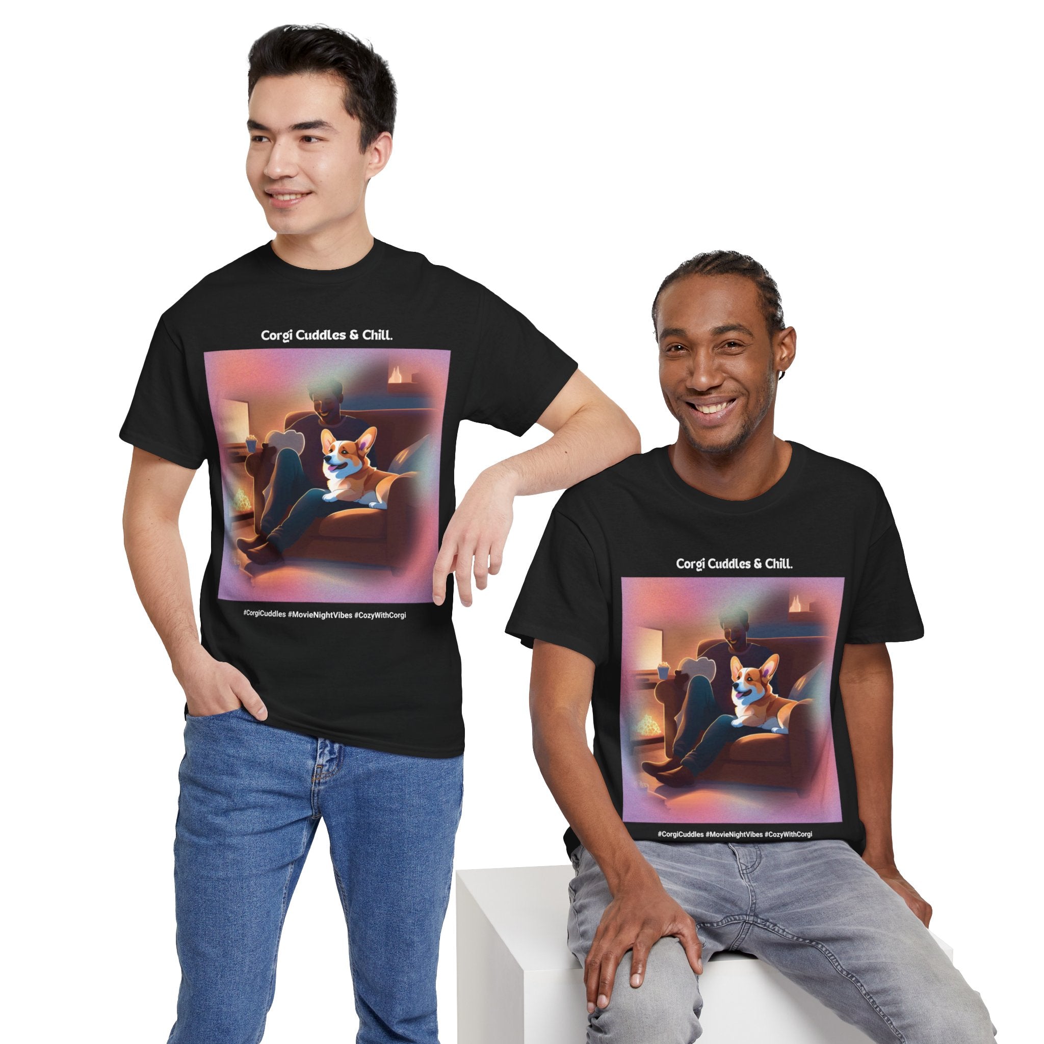 Men’s “Corgi Cuddles & Chill” T-Shirt – Cozy Movie Night, Dog Dad Gift