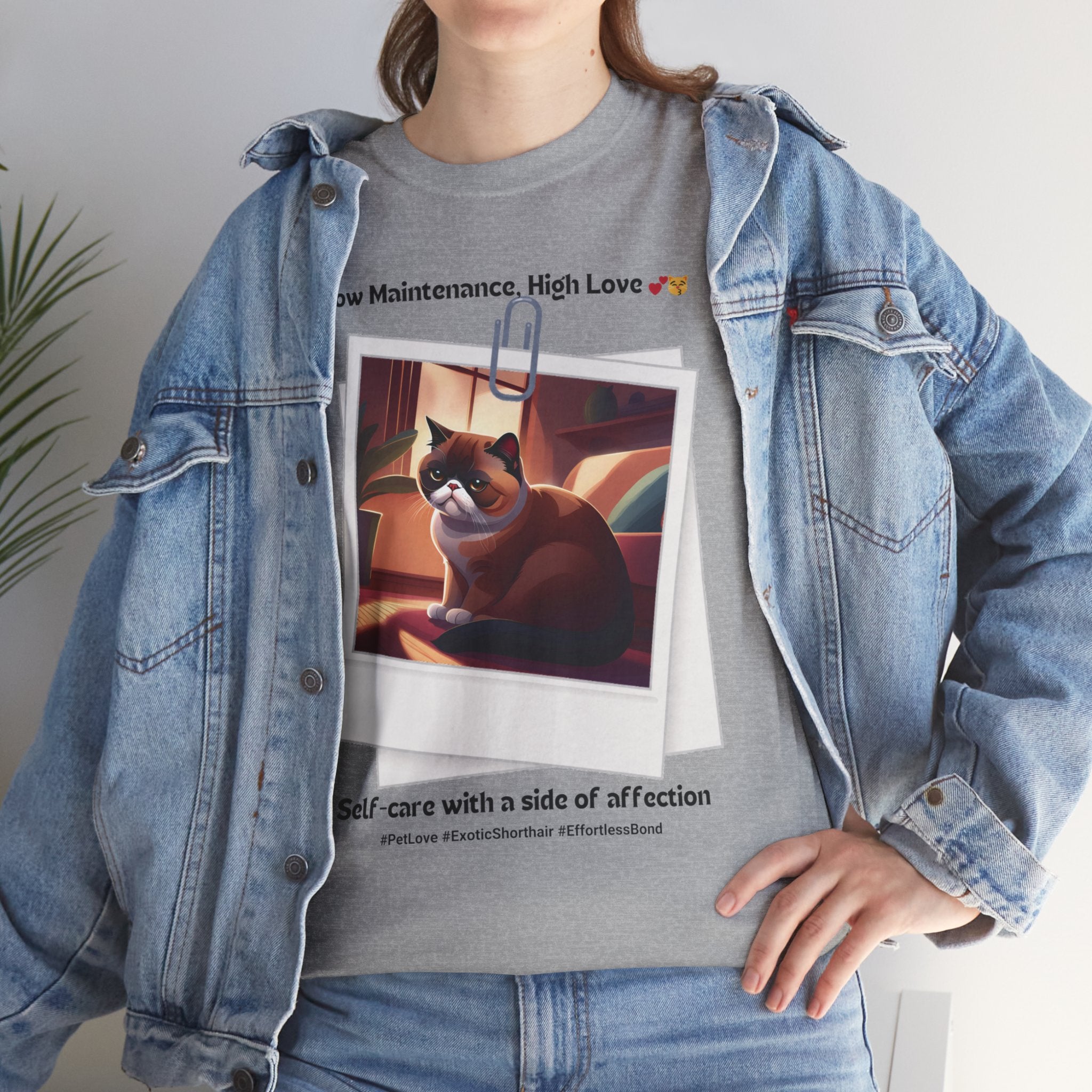 Unisex “Low Maintenance, High Love” Exotic Shorthair T‑Shirt – Easy Loving Cat Gift