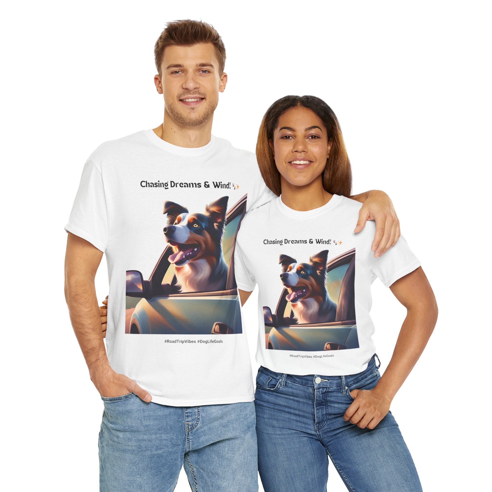 Unisex “Chasing Dreams & Wind” Australian Shepherd T‑Shirt – Adventure Road Tee, Wanderlust Pup Gift