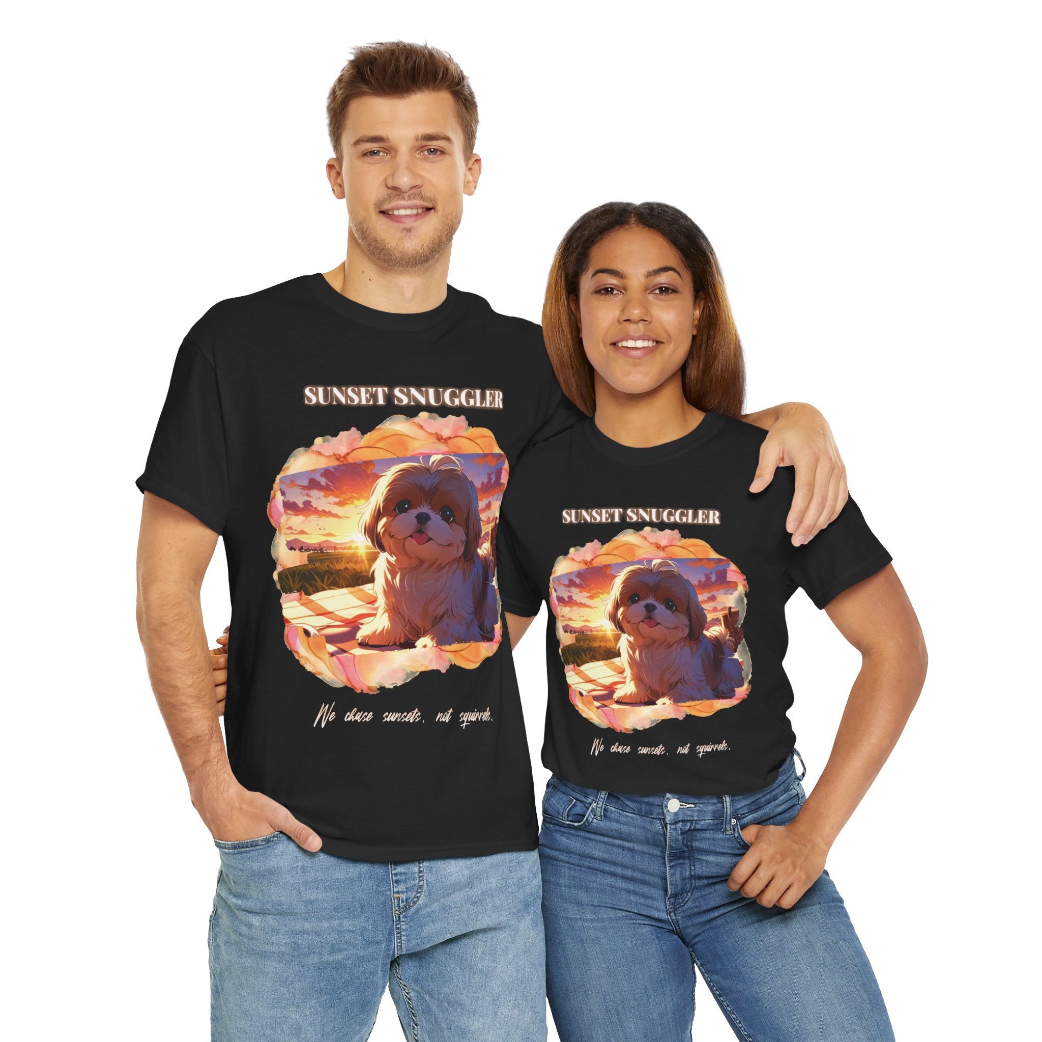 Unisex “Sunset Snuggler” Shih Tzu T-Shirt – Pet Parent Gift, Summer Vibes Tee