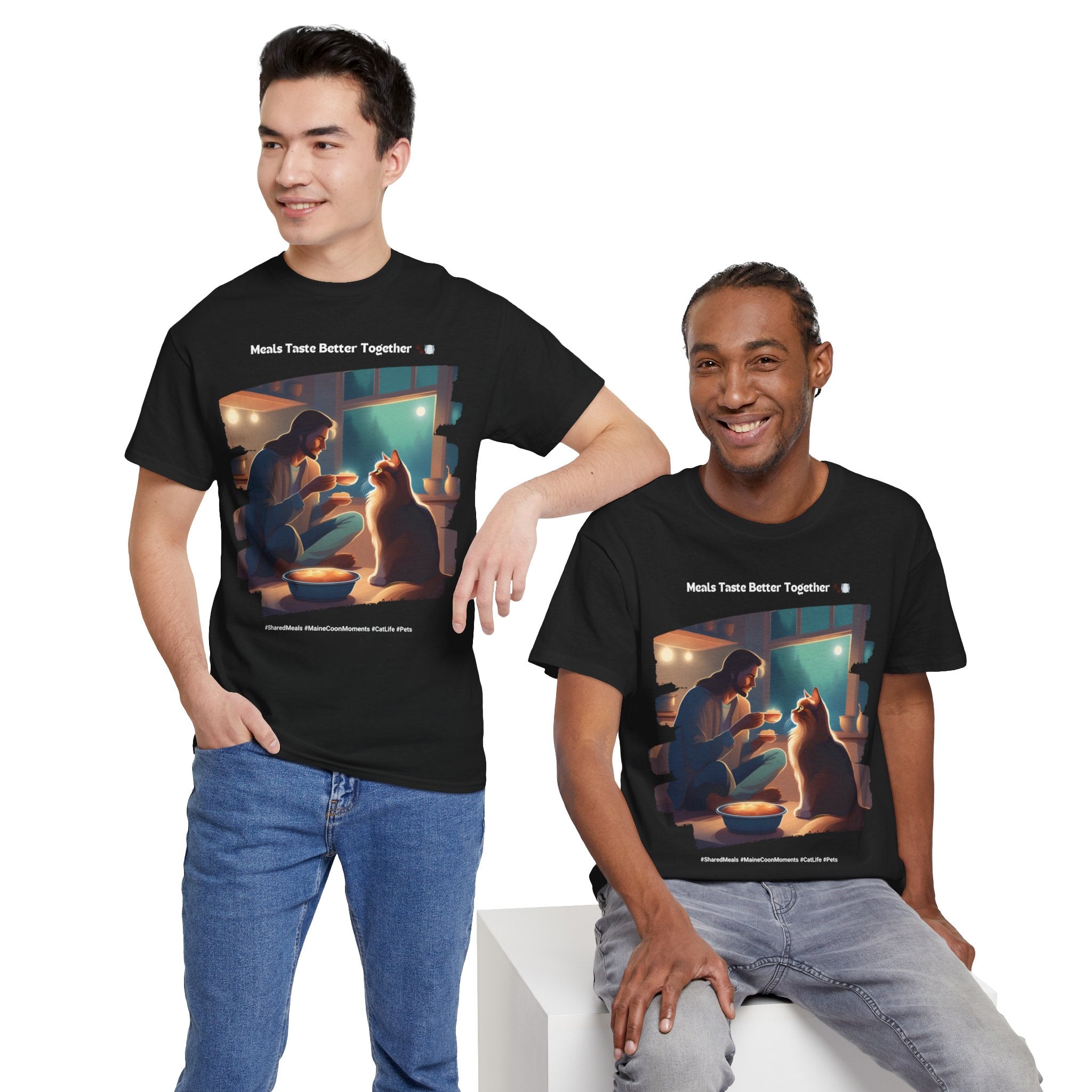 Men’s “Meals Taste Better Together” Maine Coon T‑Shirt – Meal Buddy Cat Dad Gift