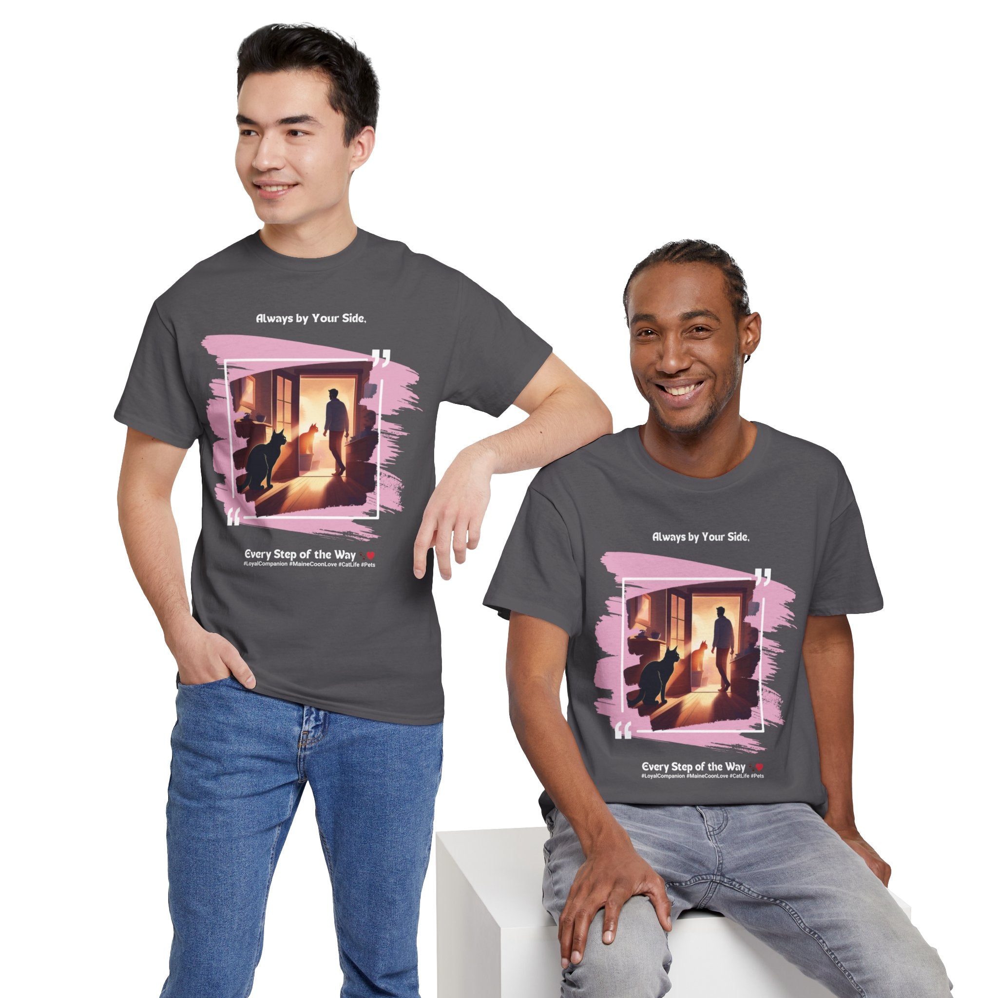 Men’s “Always by Your Side” Maine Coon T-Shirt – Loyal Fluffy Friend, Cat Dad Gift