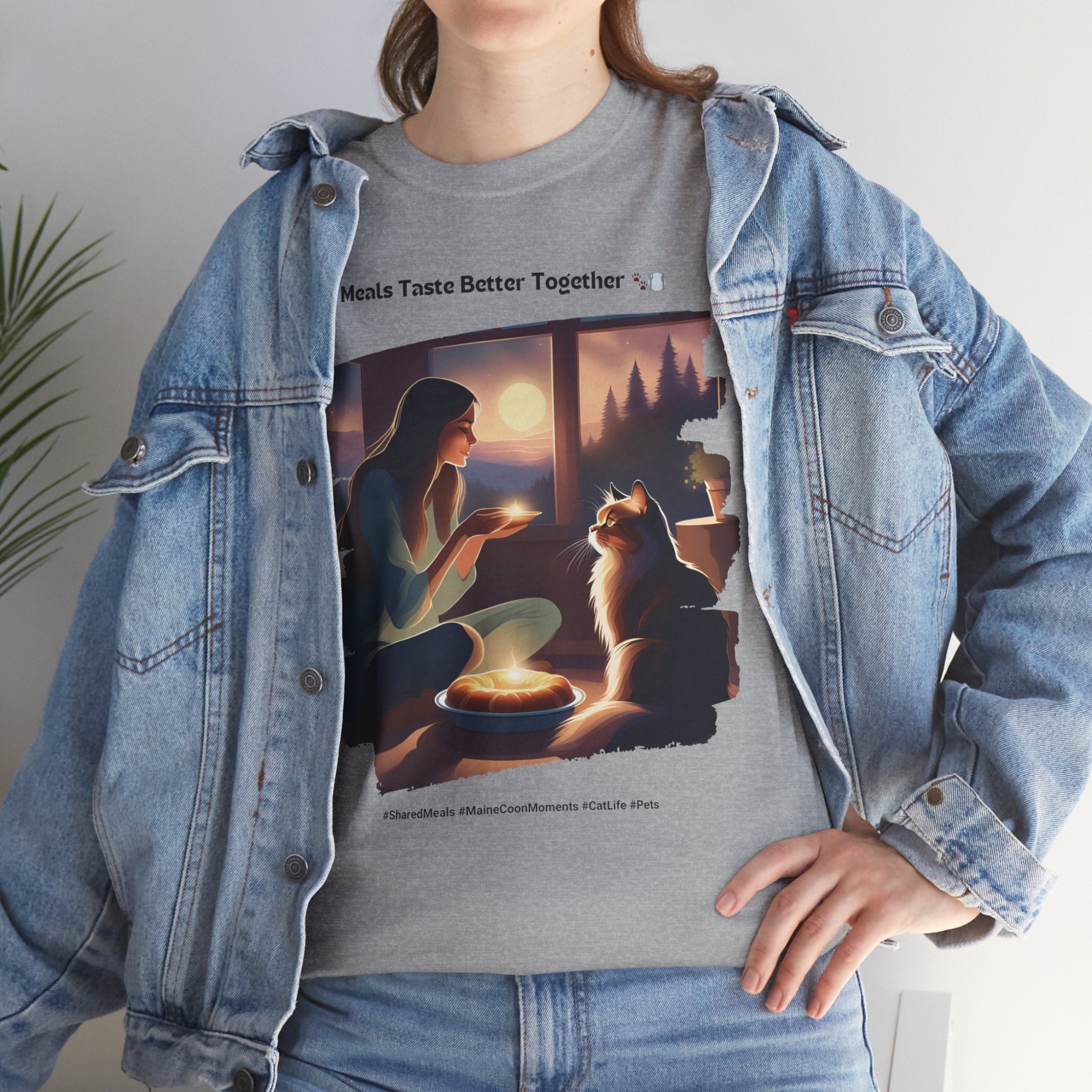 Women’s “Meals Taste Better Together” Maine Coon T‑Shirt – Meal Buddy Cat Gift