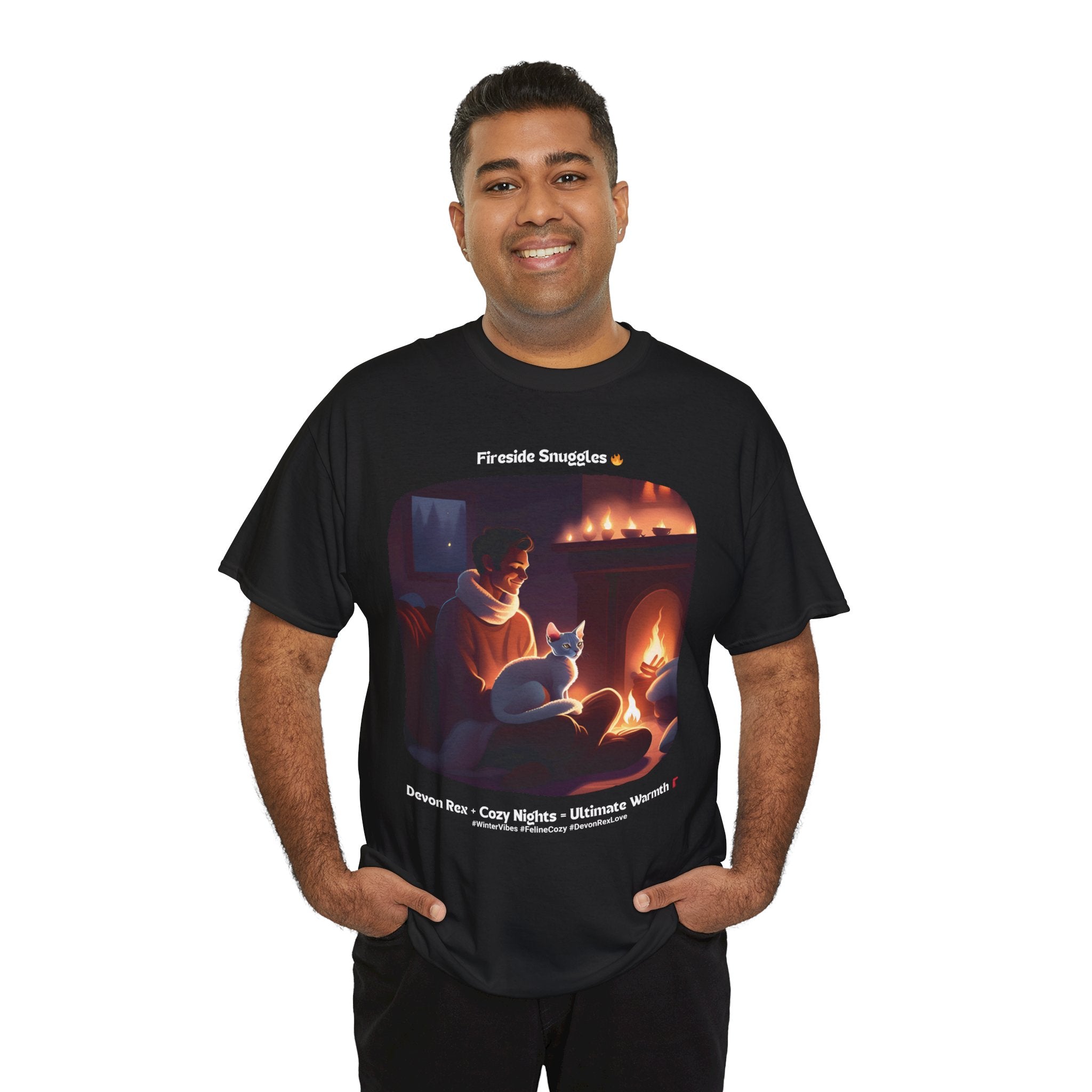 Men’s “Fireside Snuggles with Devon Rex” T‑Shirt – Cozy Cat Dad Gift