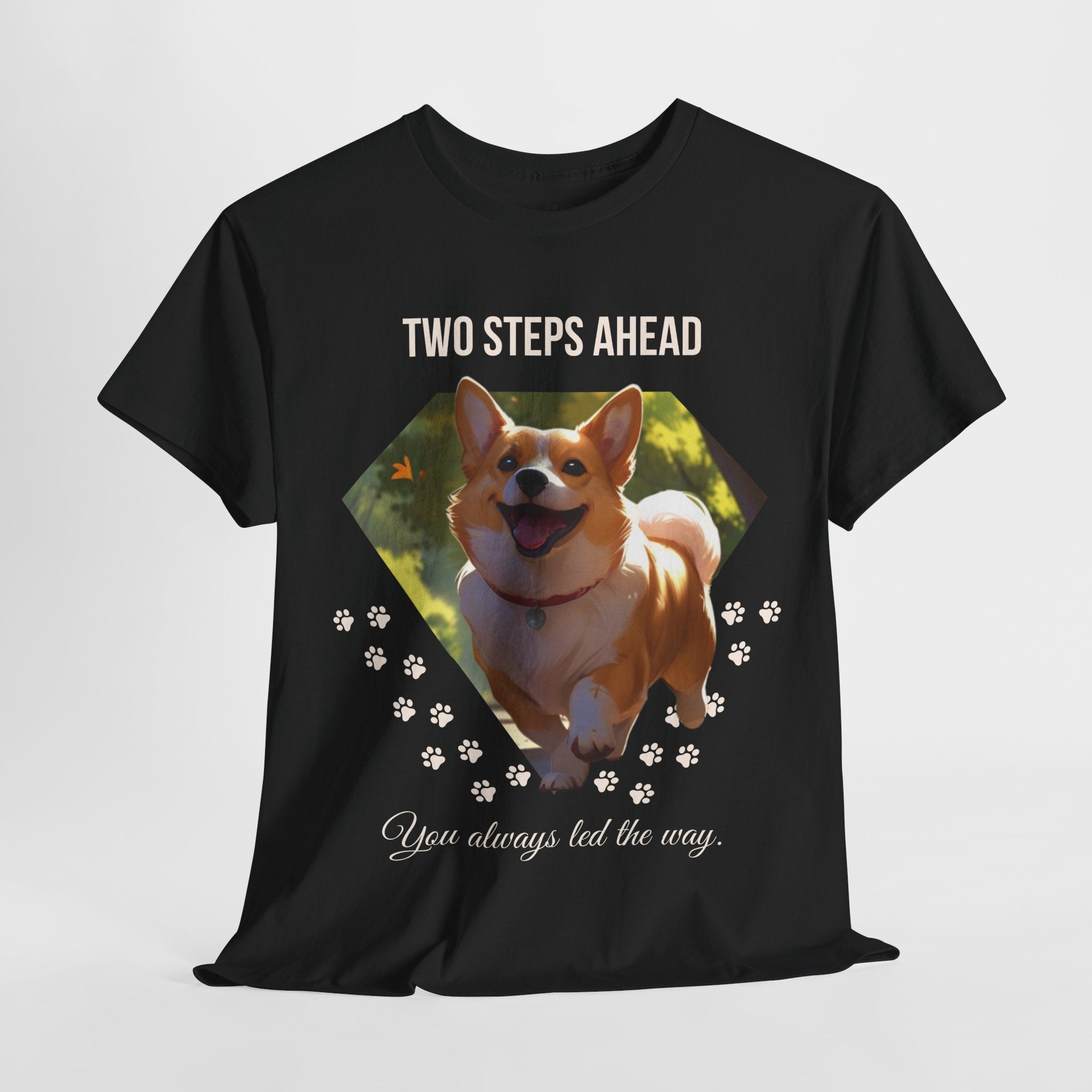 Unisex “Two Steps Ahead” Corgi T-Shirt – Nostalgic Dog Walk Lover Tee