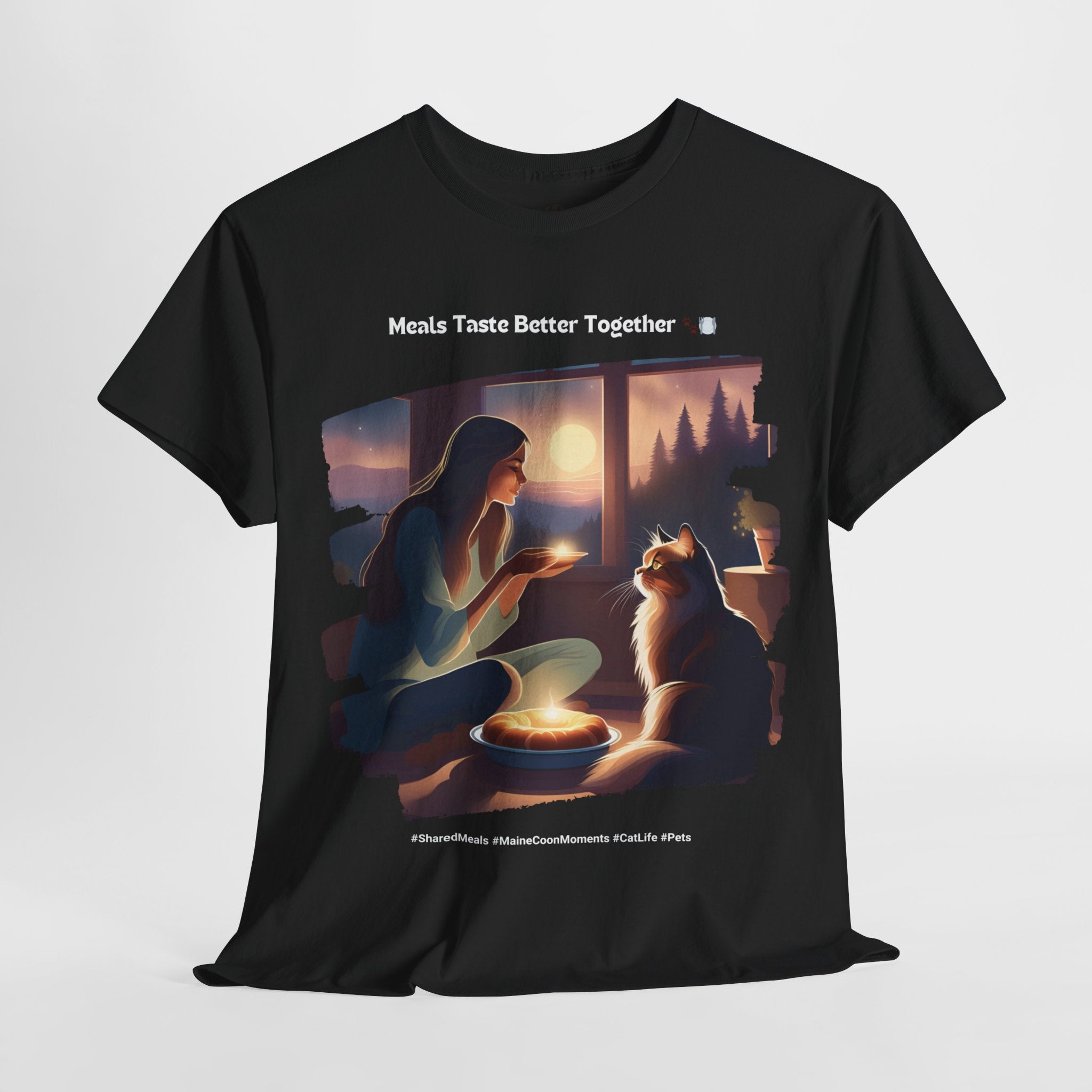 Women’s “Meals Taste Better Together” Maine Coon T‑Shirt – Meal Buddy Cat Gift