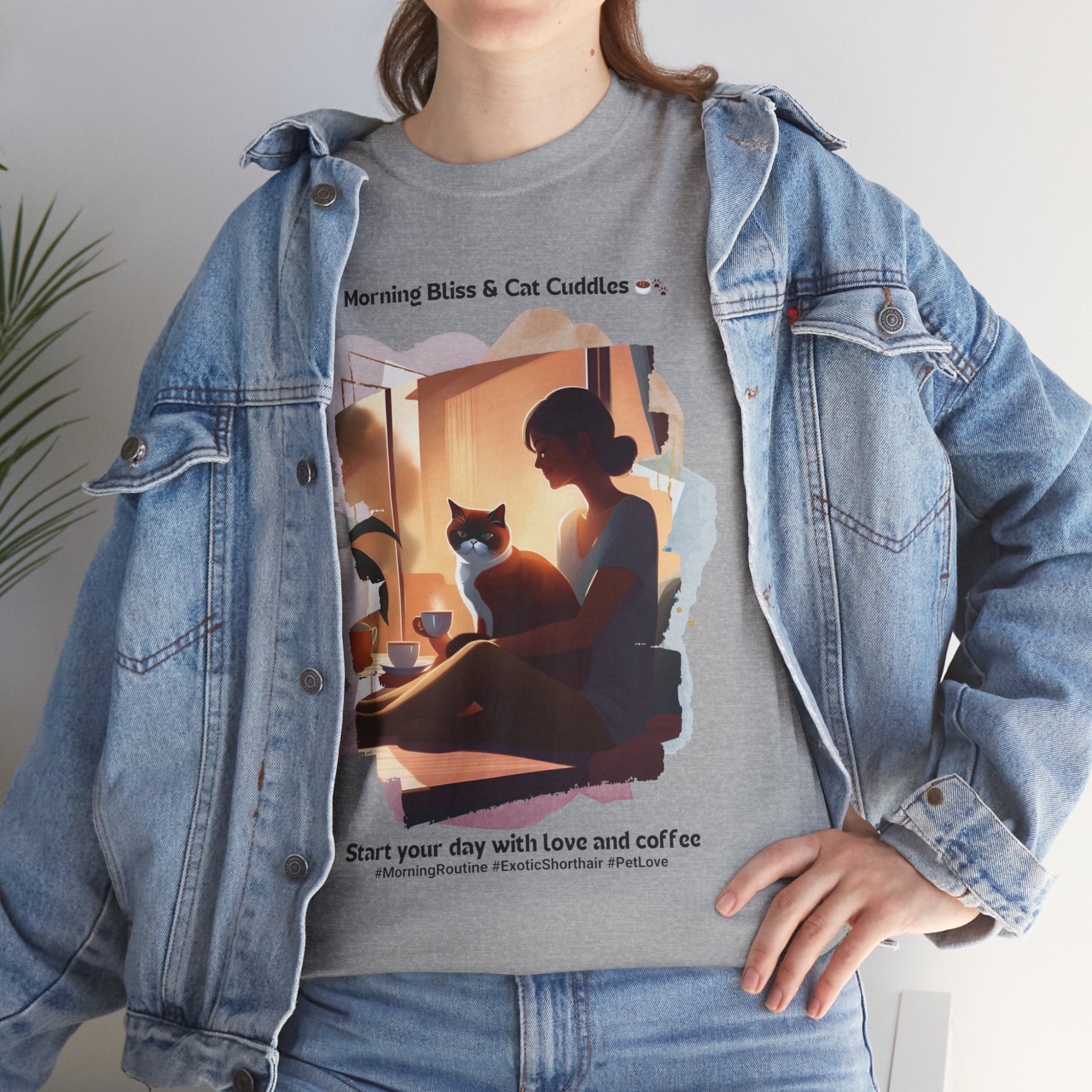 Women’s “Morning Bliss & Cat Cuddles” Exotic Shorthair T‑Shirt – Cuddle Cat Mom Gift