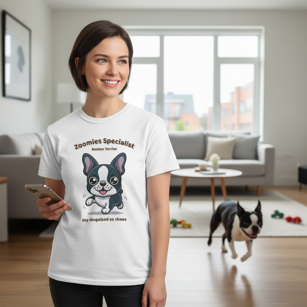 Unisex T-Shirt – Zoomies Specialist: Boston Terrier Everyday Moments Edition