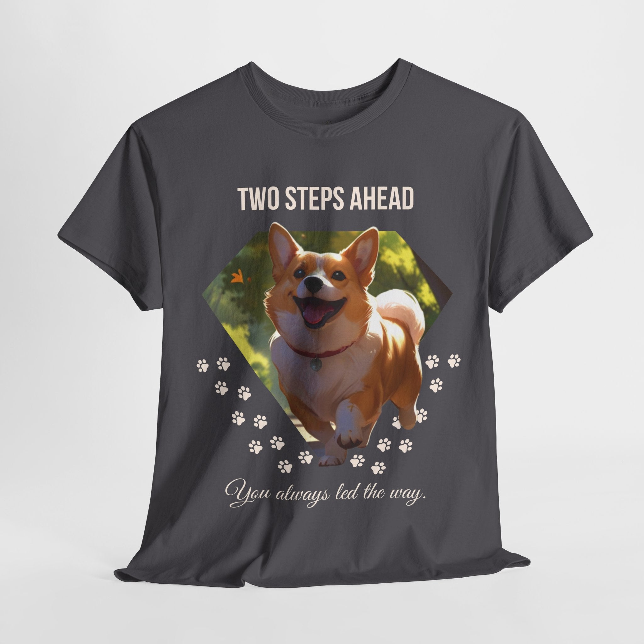 Unisex “Two Steps Ahead” Corgi T-Shirt – Nostalgic Dog Walk Lover Tee