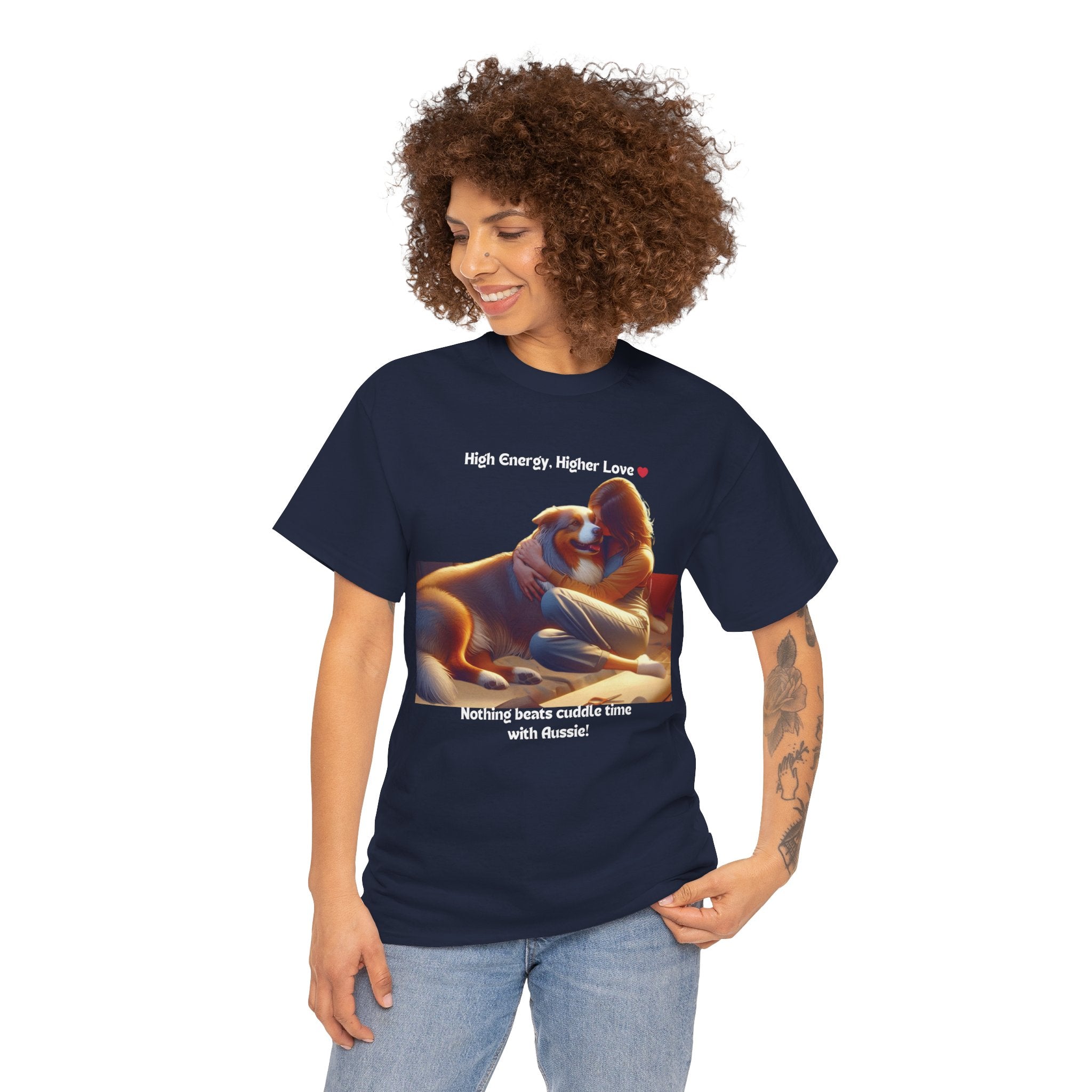 Women’s “High Energy, Higher Love” Australian Shepherd T‑Shirt – Energetic Pup Mom Gift
