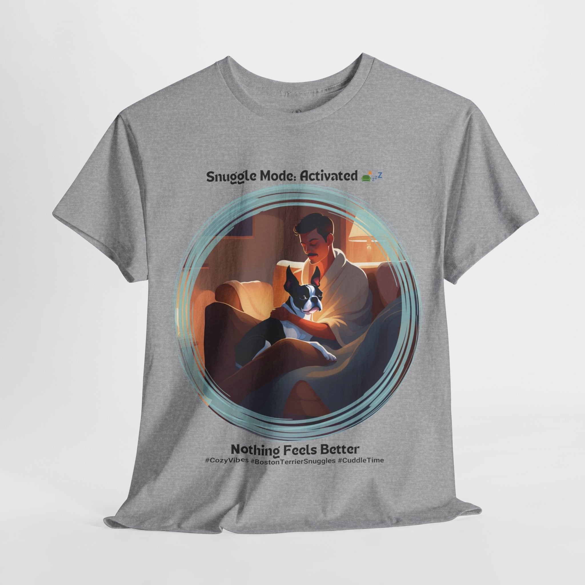 Men’s “Cozy Vibes: Boston Terrier Snuggles” T‑Shirt – Warm Pup Dad Gift