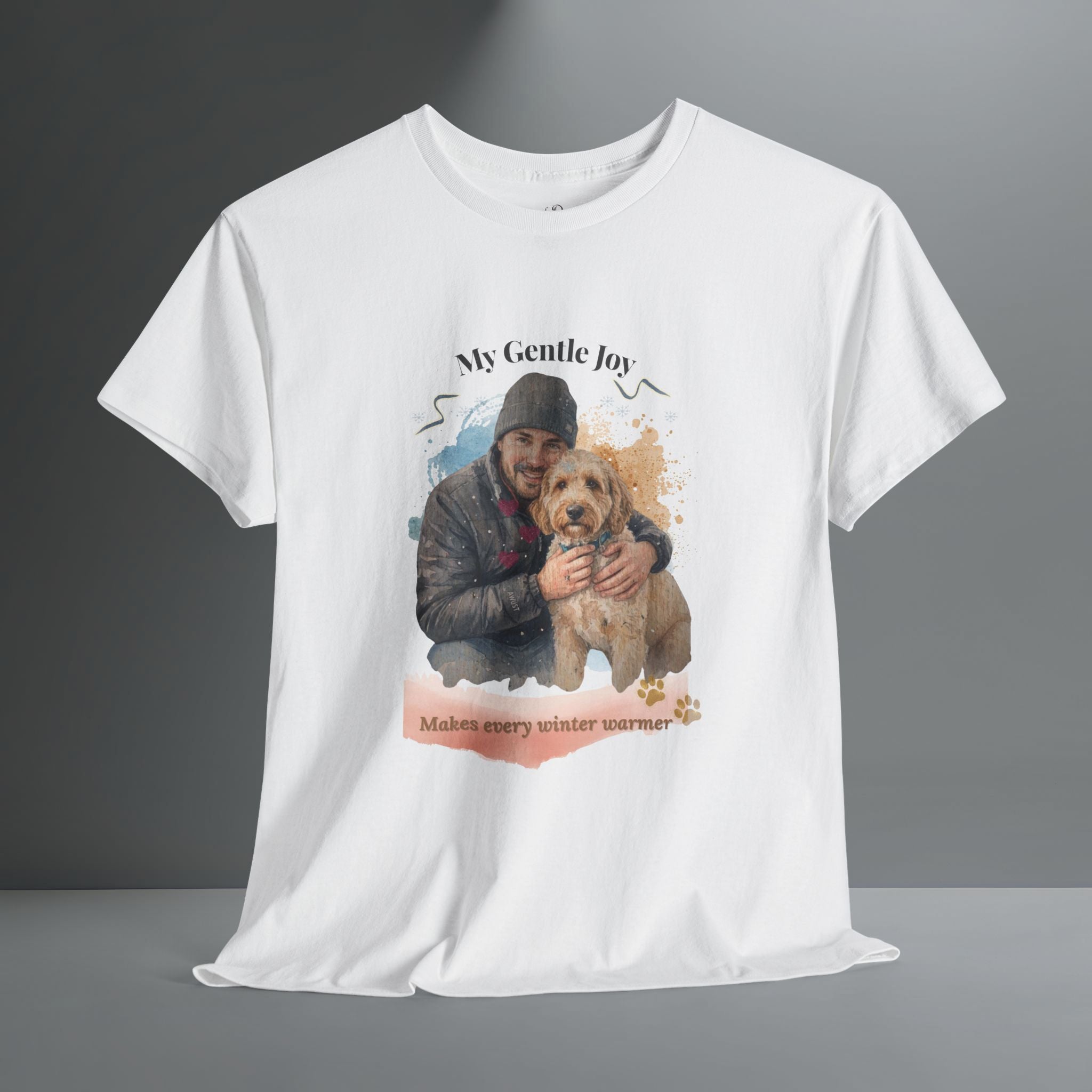 Unisex Personalized T-Shirt – My Gentle Joy: Custom Doodle (Goldendoodle/Labradoodle) Watercolor Winter Portrait