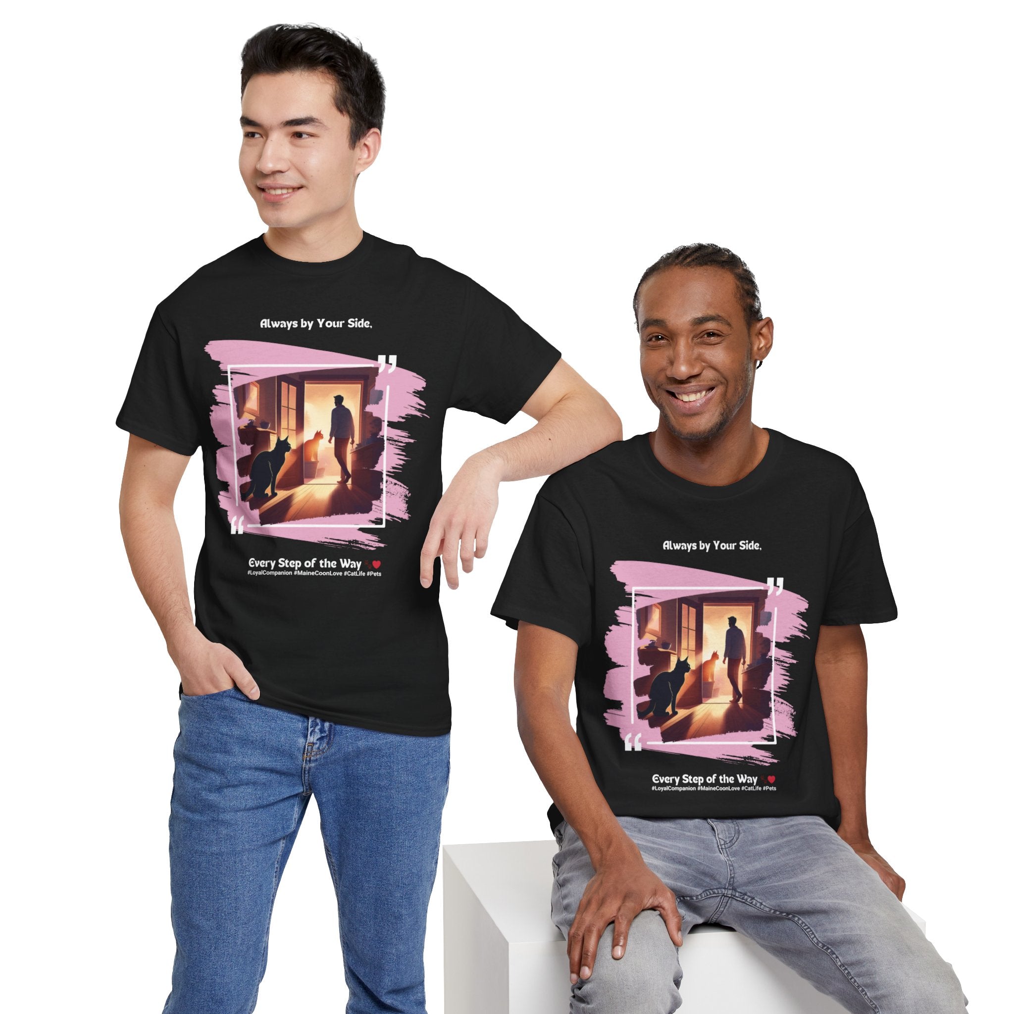 Men’s “Always by Your Side” Maine Coon T-Shirt – Loyal Fluffy Friend, Cat Dad Gift