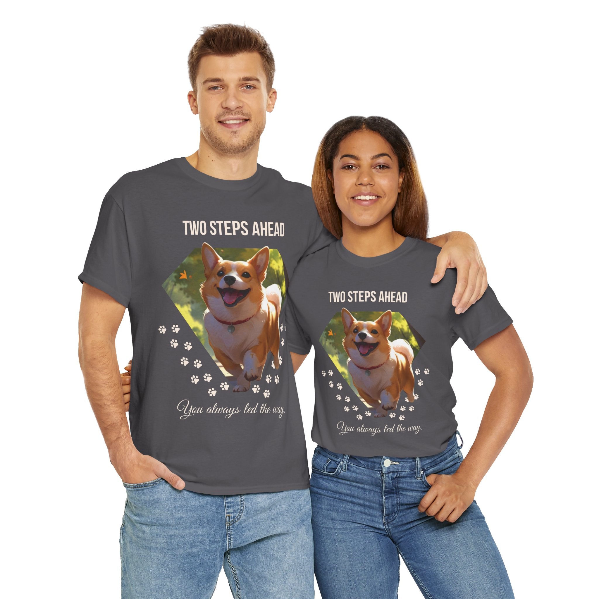 Unisex “Two Steps Ahead” Corgi T-Shirt – Nostalgic Dog Walk Lover Tee