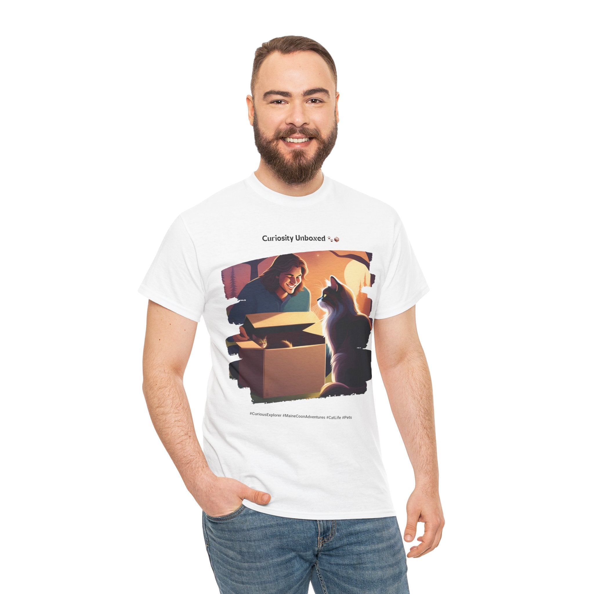 Men’s “Curiosity Unboxed” Maine Coon T‑Shirt – Adventurous Cat Dad Gift