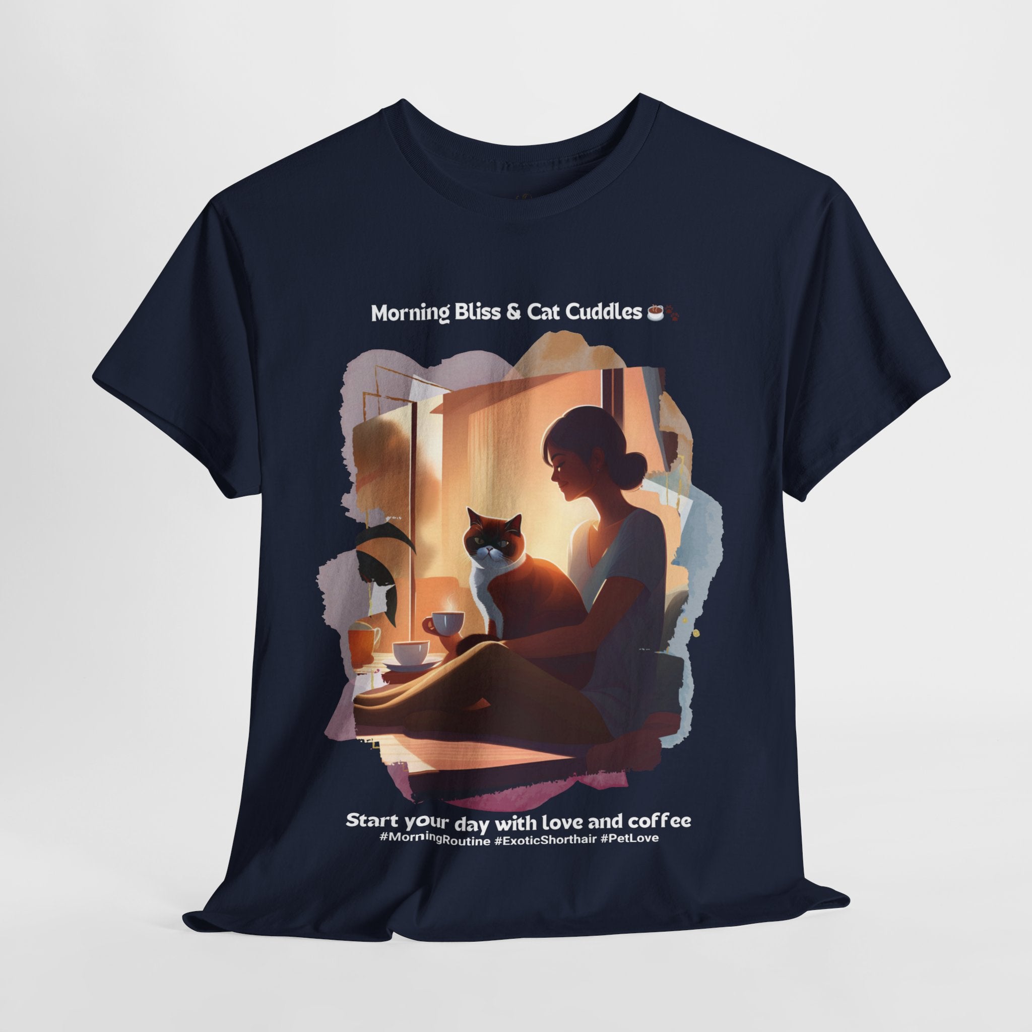 Women’s “Morning Bliss & Cat Cuddles” Exotic Shorthair T‑Shirt – Cuddle Cat Mom Gift