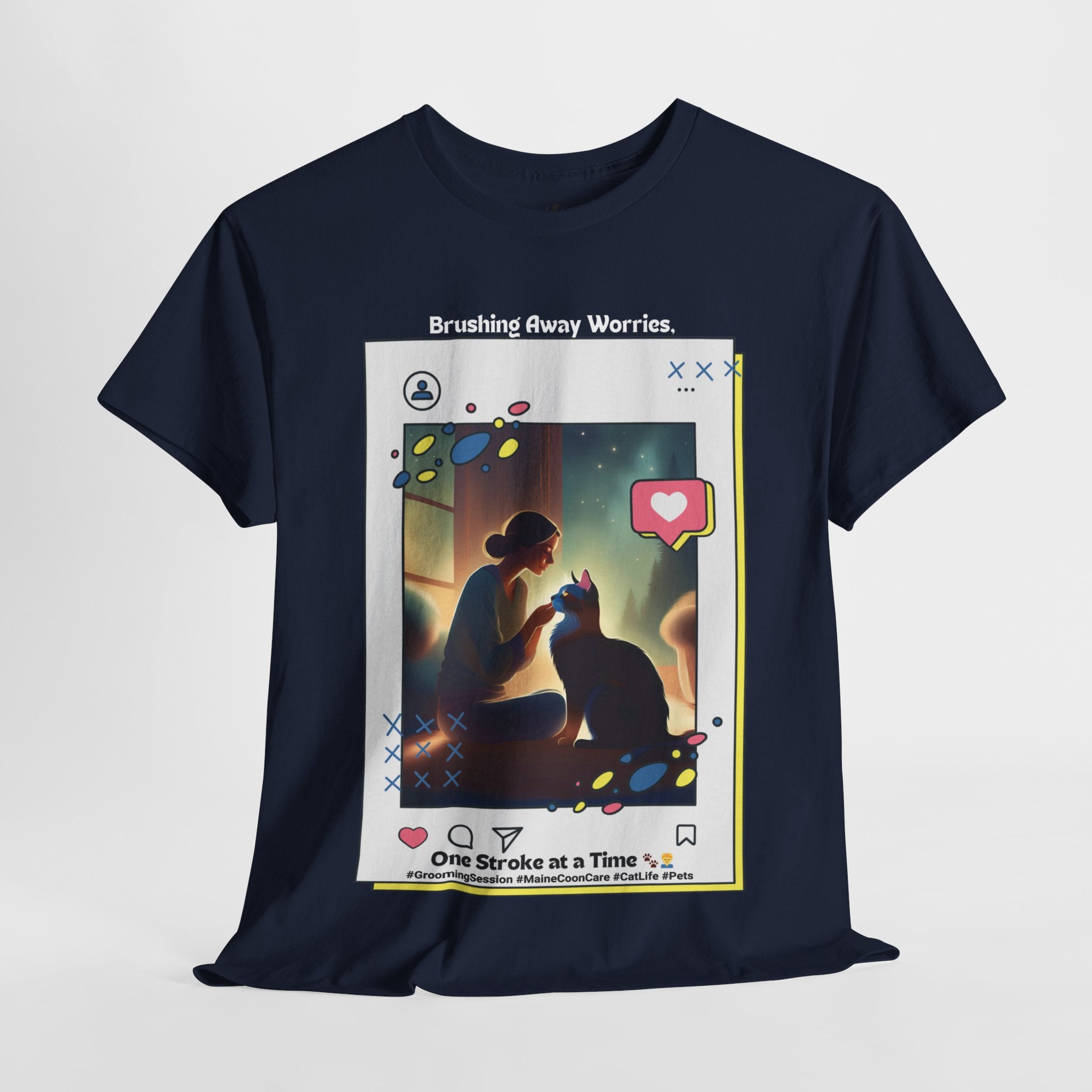 Women’s “Brushing Away Worries” Maine Coon T‑Shirt – Relaxing Grooming Tee