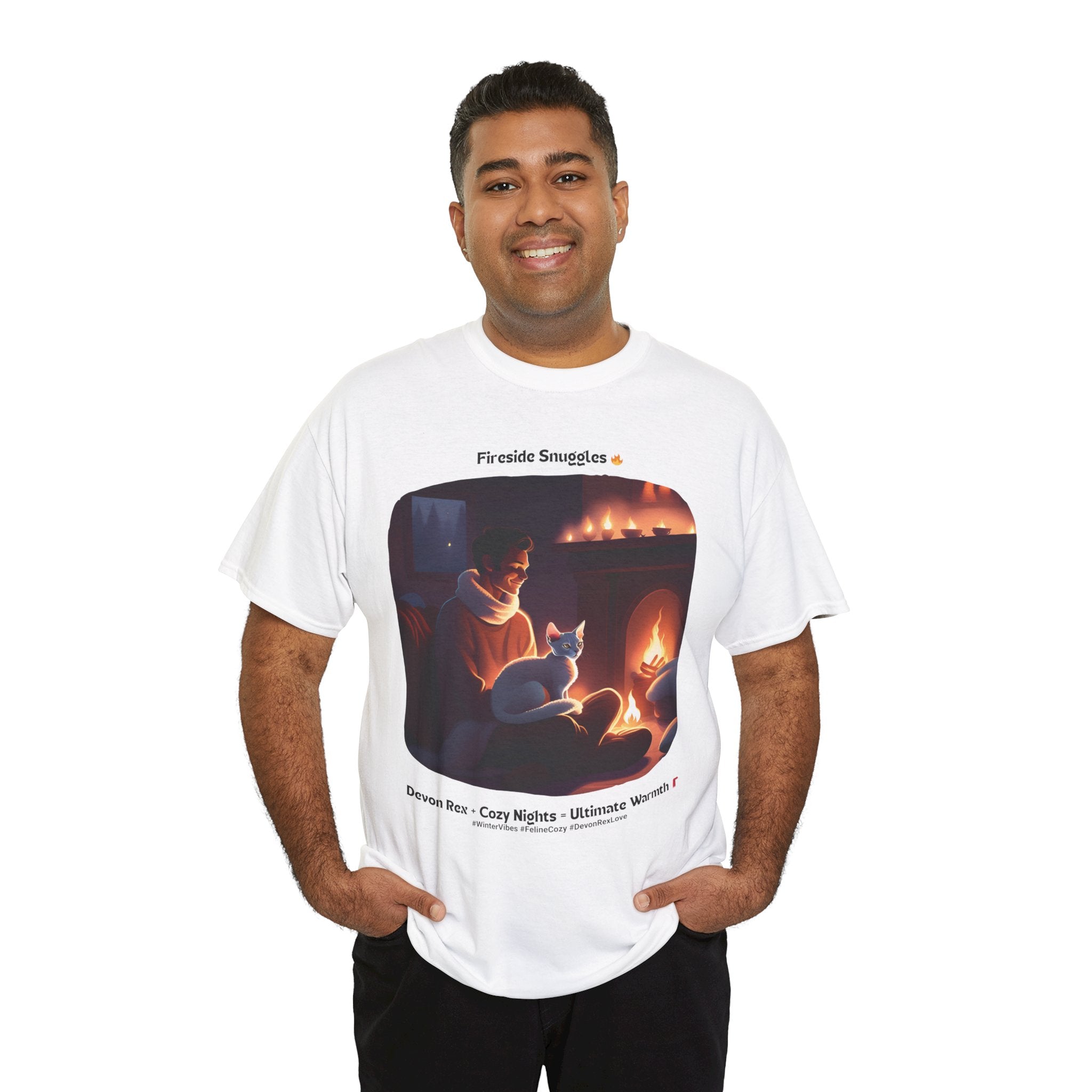 Men’s “Fireside Snuggles with Devon Rex” T‑Shirt – Cozy Cat Dad Gift