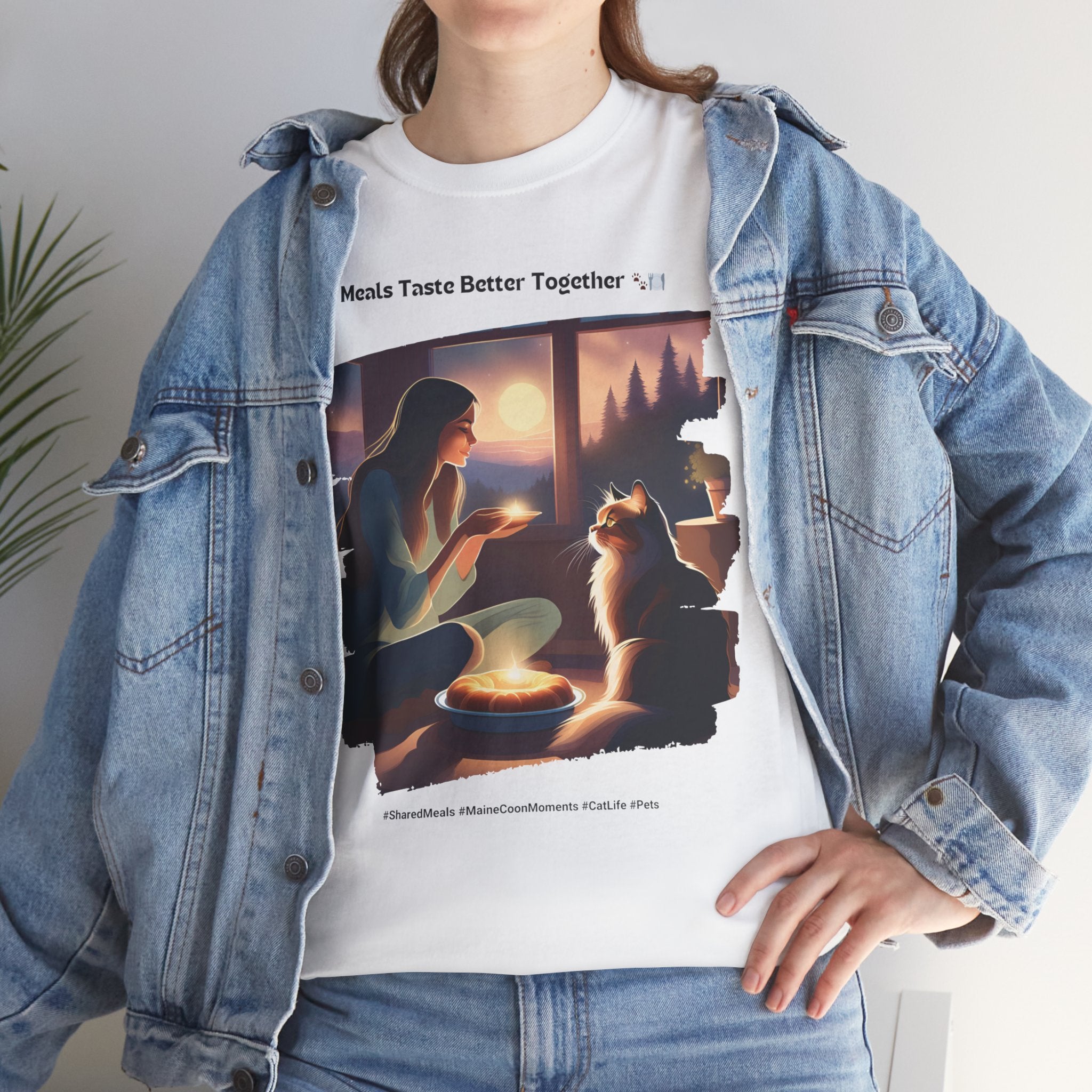 Women’s “Meals Taste Better Together” Maine Coon T‑Shirt – Meal Buddy Cat Gift