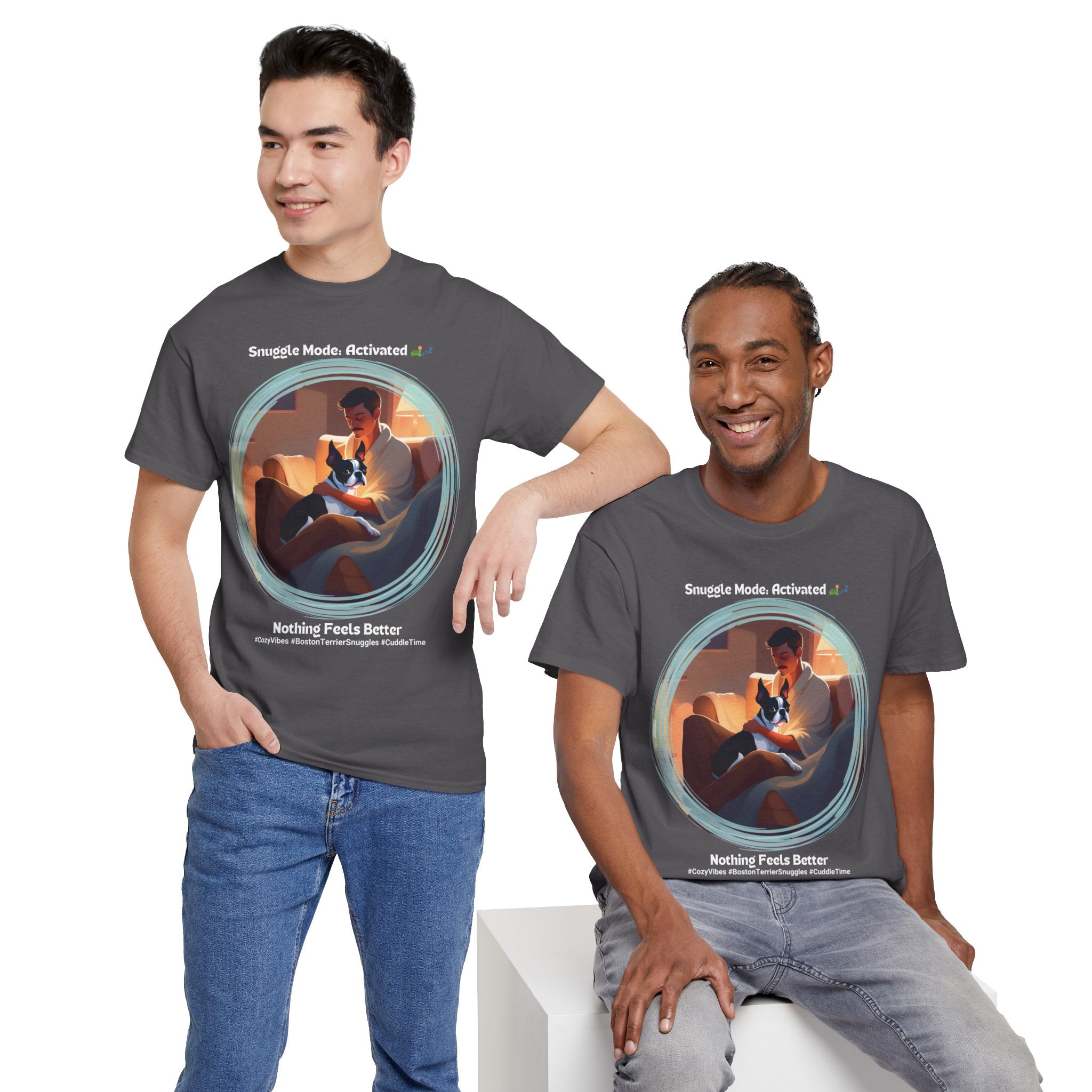 Men’s “Cozy Vibes: Boston Terrier Snuggles” T‑Shirt – Warm Pup Dad Gift