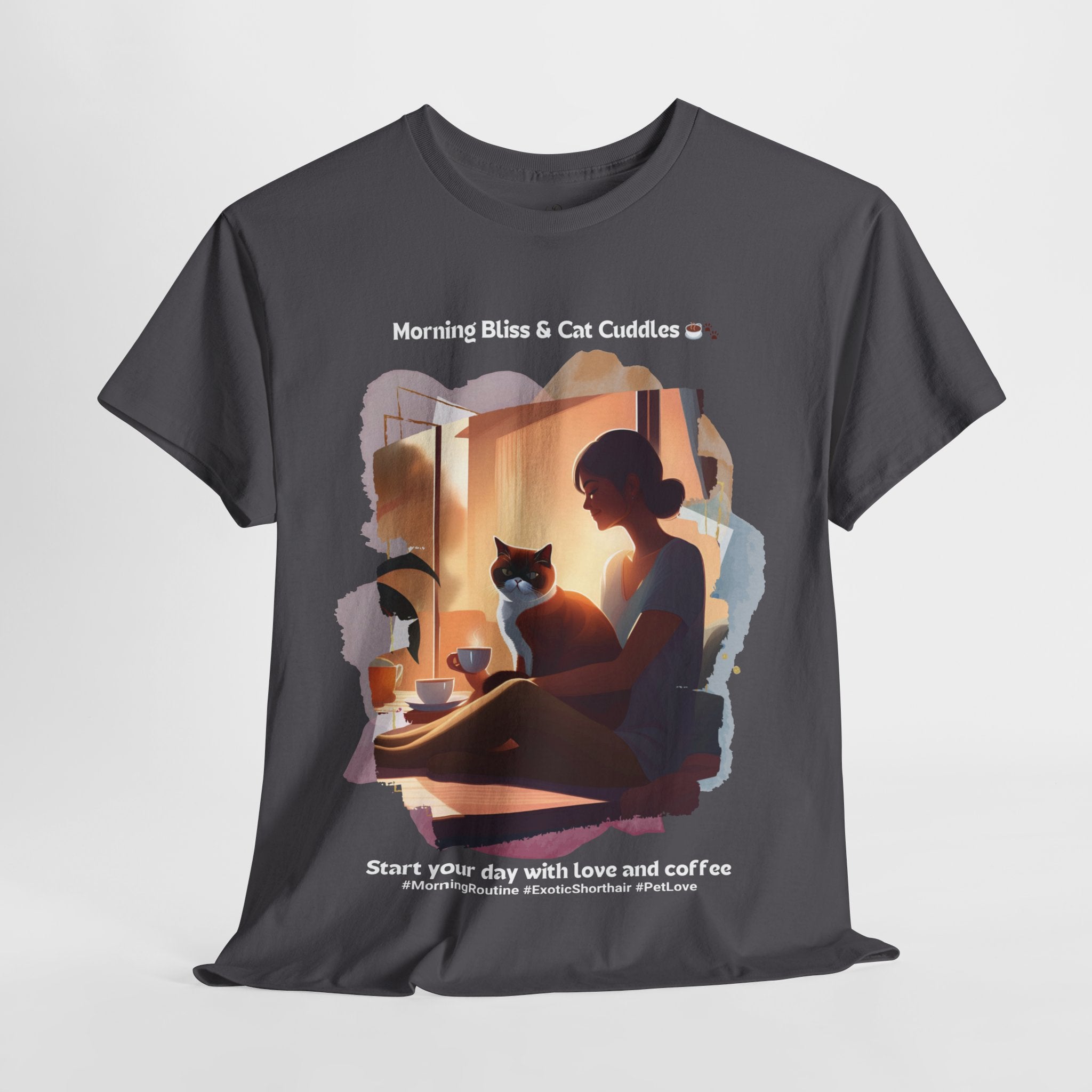 Women’s “Morning Bliss & Cat Cuddles” Exotic Shorthair T‑Shirt – Cuddle Cat Mom Gift