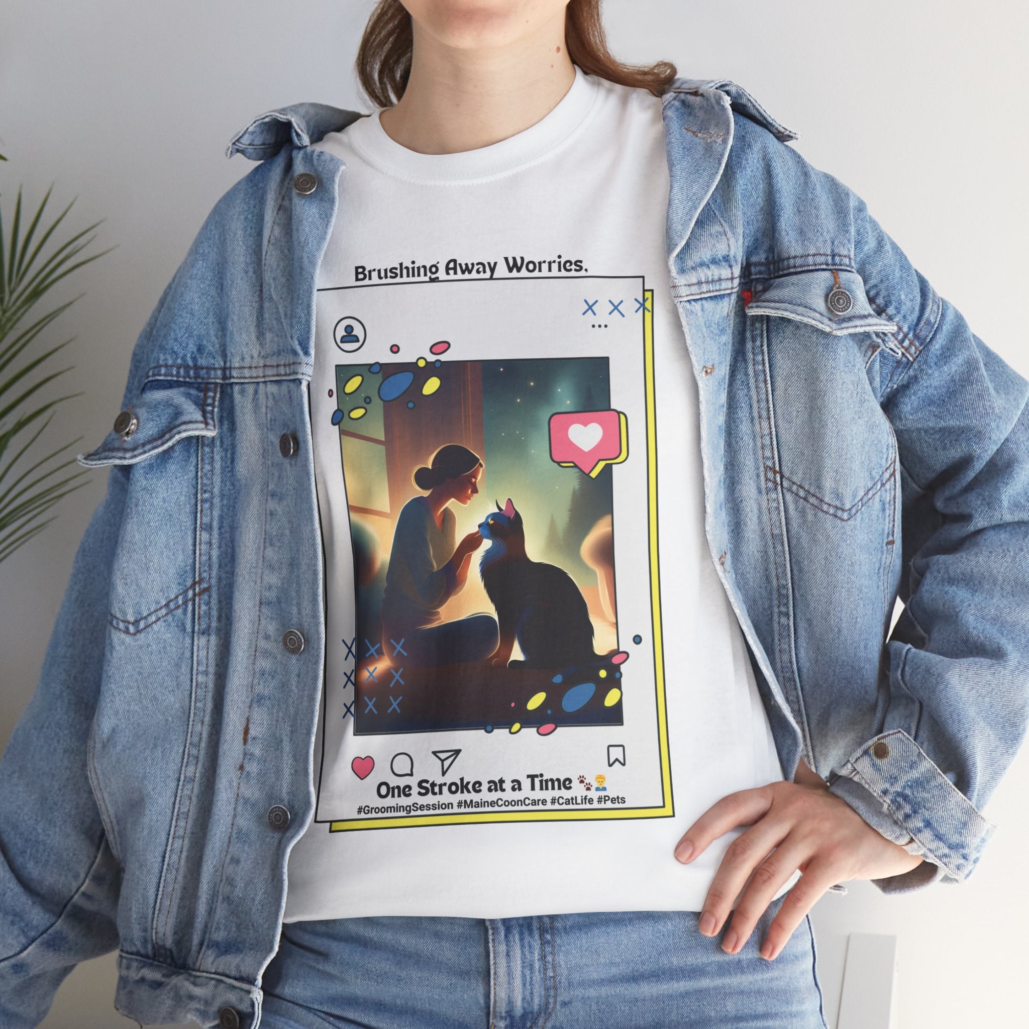 Women’s “Brushing Away Worries” Maine Coon T‑Shirt – Relaxing Grooming Tee