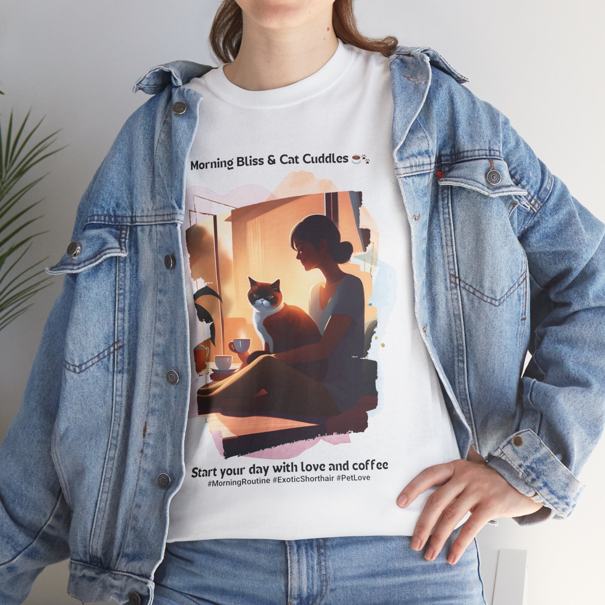 Women’s “Morning Bliss & Cat Cuddles” Exotic Shorthair T‑Shirt – Cuddle Cat Mom Gift