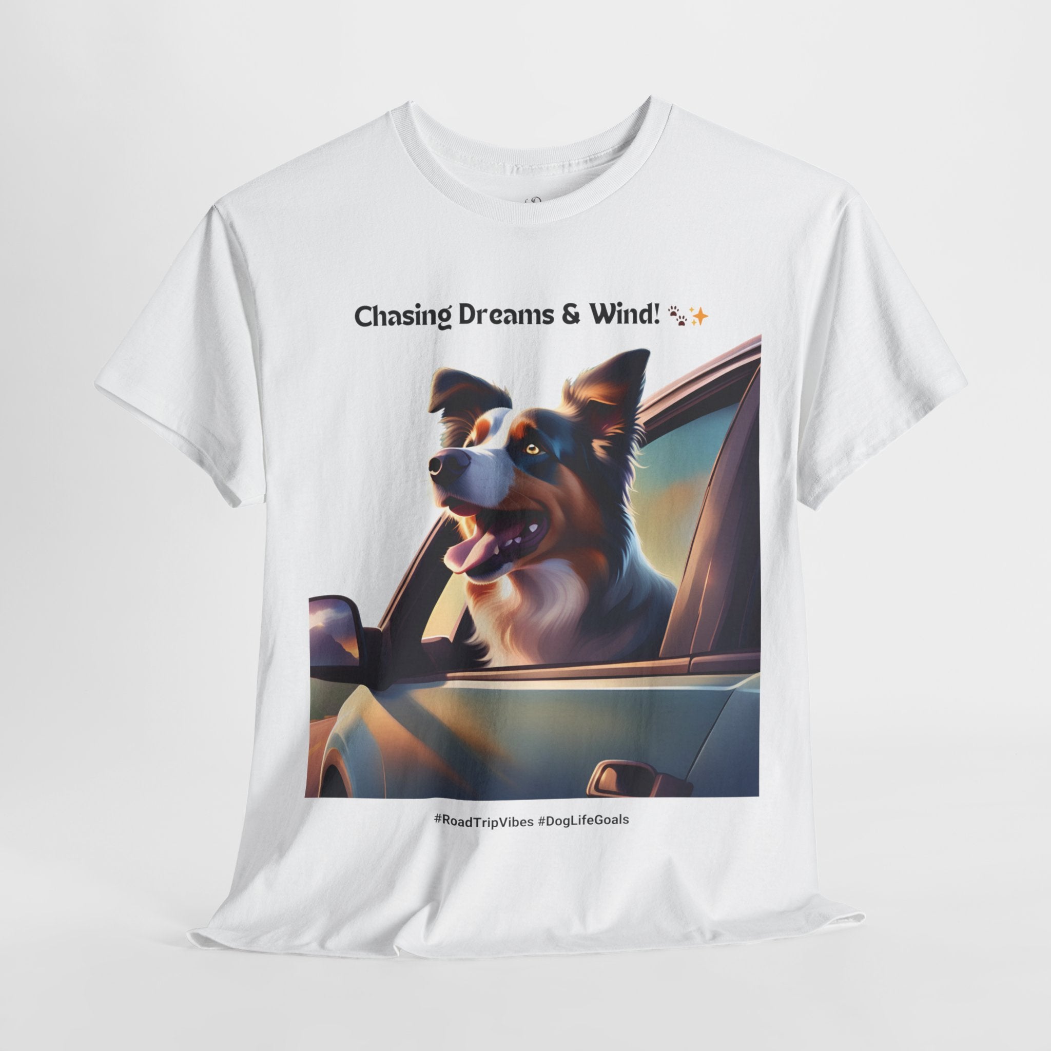 Unisex “Chasing Dreams & Wind” Australian Shepherd T‑Shirt – Adventure Road Tee, Wanderlust Pup Gift