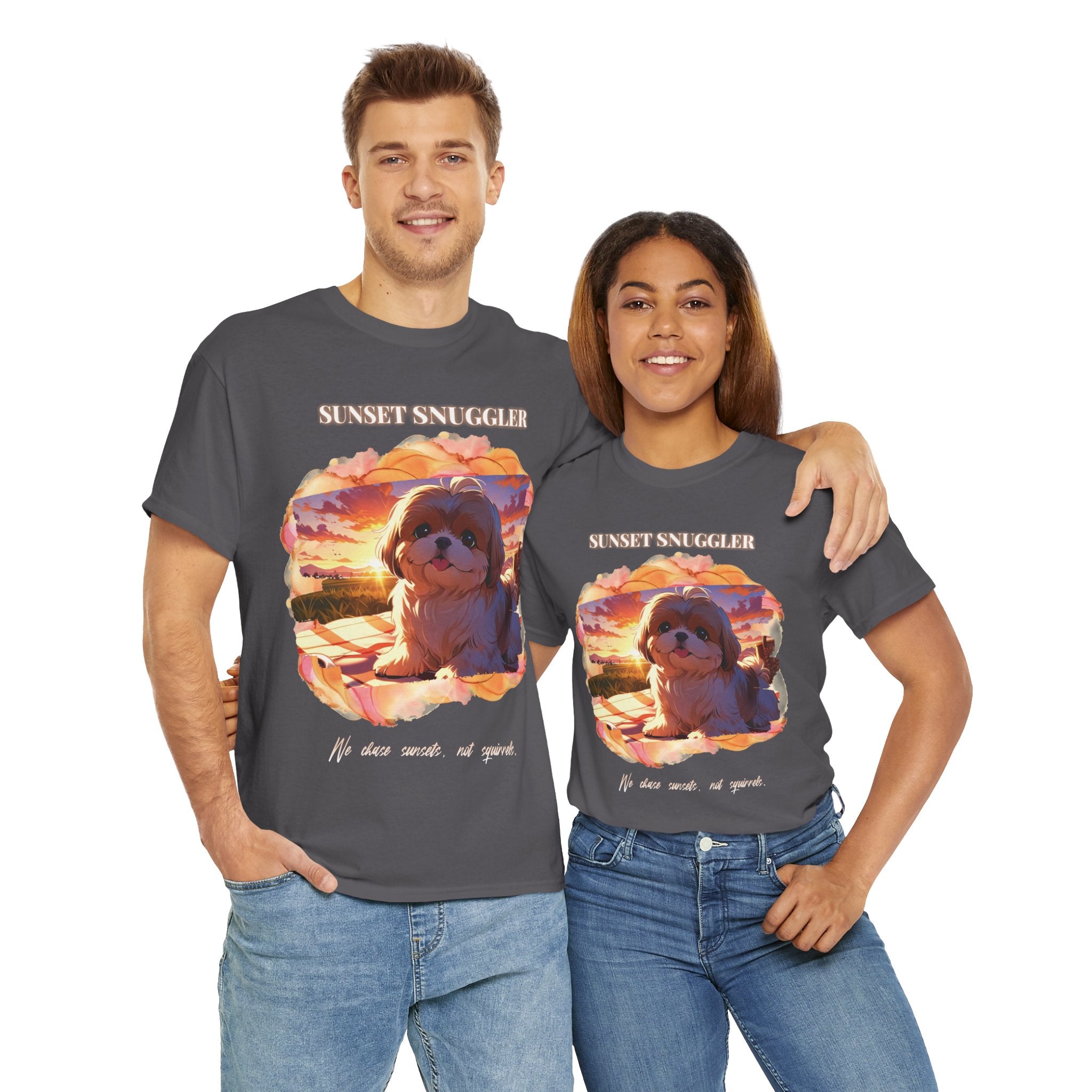 Unisex “Sunset Snuggler” Shih Tzu T-Shirt – Pet Parent Gift, Summer Vibes Tee