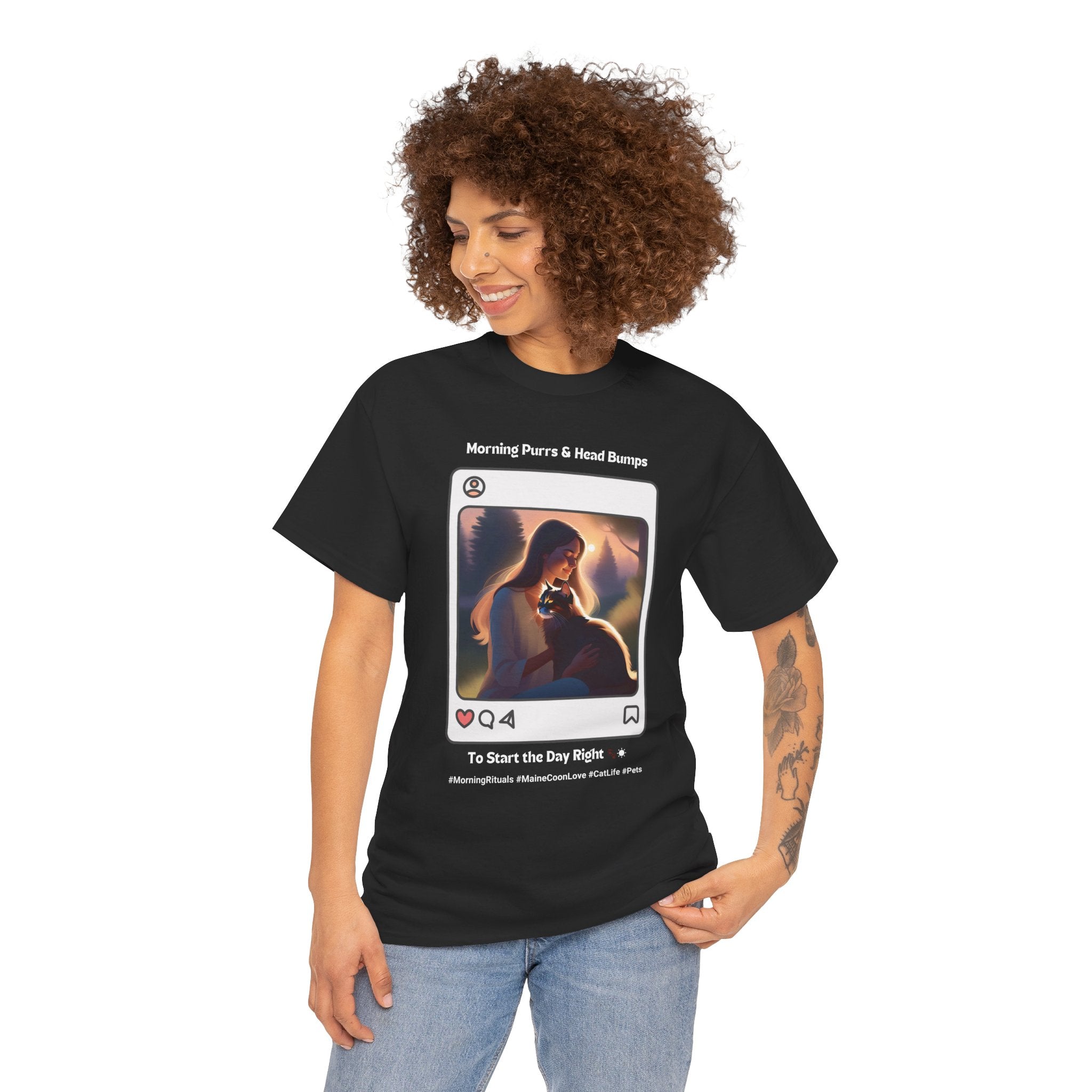 Women’s “Morning Purrs & Head Bumps” Maine Coon T‑Shirt – Uplifting Cat Mom Gift