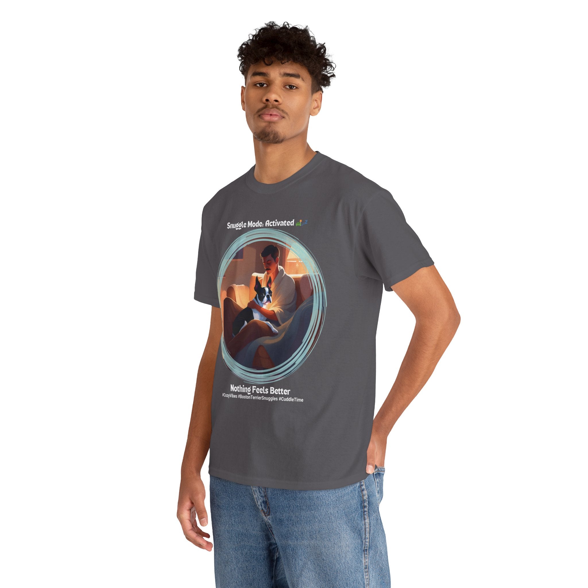 Men’s “Cozy Vibes: Boston Terrier Snuggles” T‑Shirt – Warm Pup Dad Gift