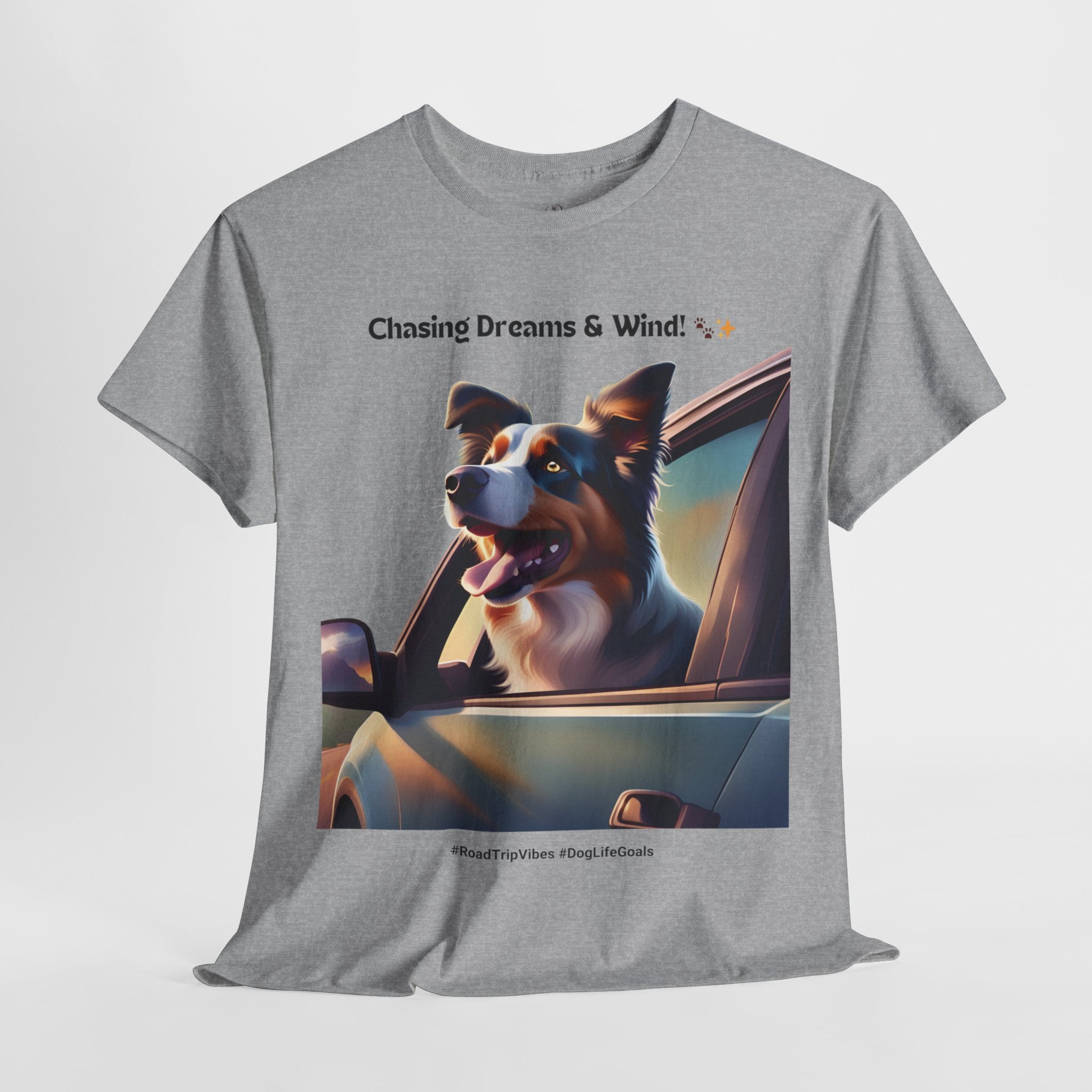 Unisex “Chasing Dreams & Wind” Australian Shepherd T‑Shirt – Adventure Road Tee, Wanderlust Pup Gift