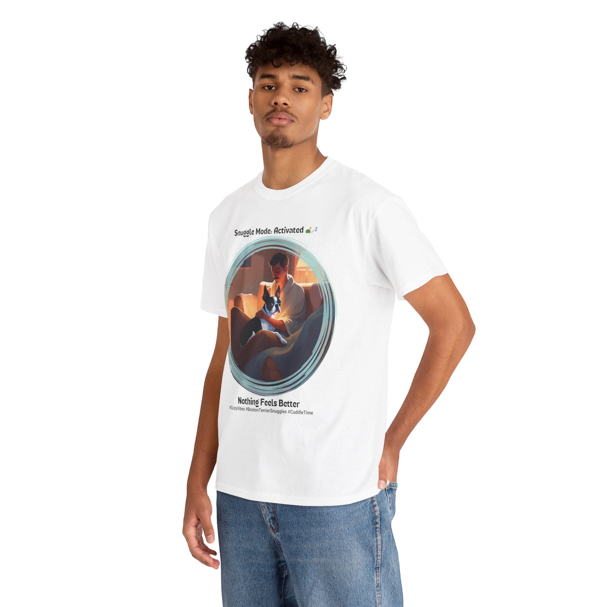Men’s “Cozy Vibes: Boston Terrier Snuggles” T‑Shirt – Warm Pup Dad Gift
