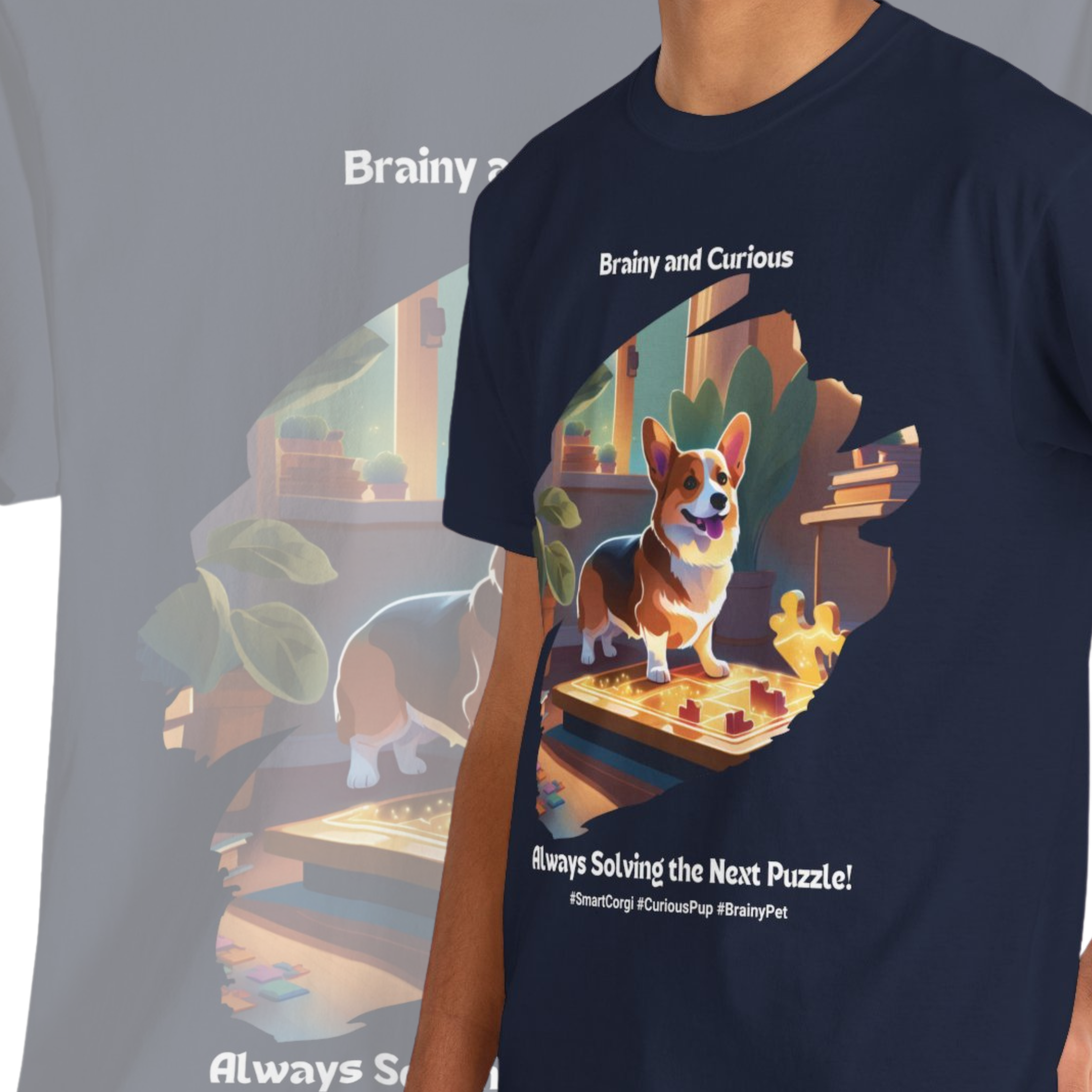 Unisex “Brainy & Curious” Corgi T-Shirt – Puzzle Master Pup, Dog Lover Gift