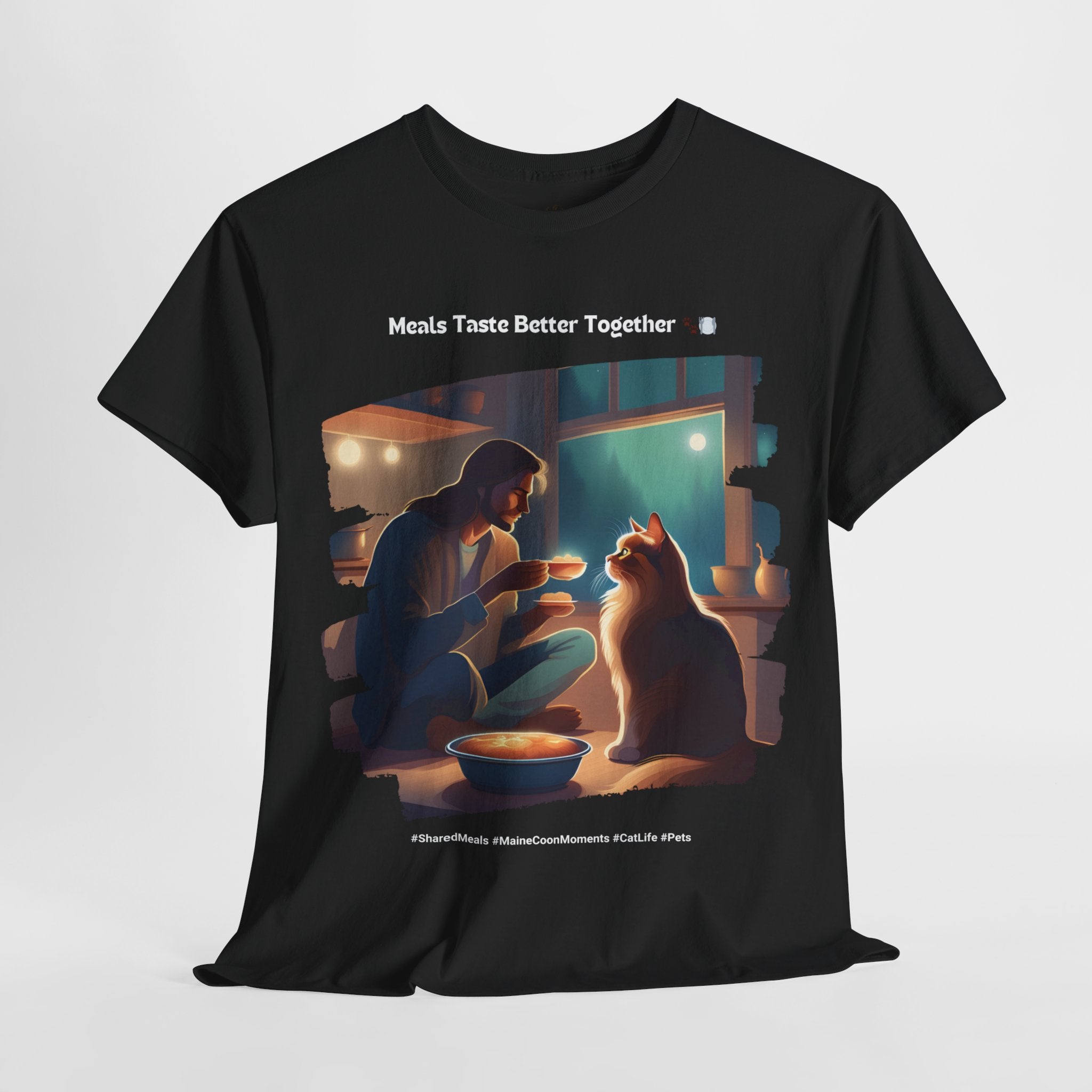 Men’s “Meals Taste Better Together” Maine Coon T‑Shirt – Meal Buddy Cat Dad Gift