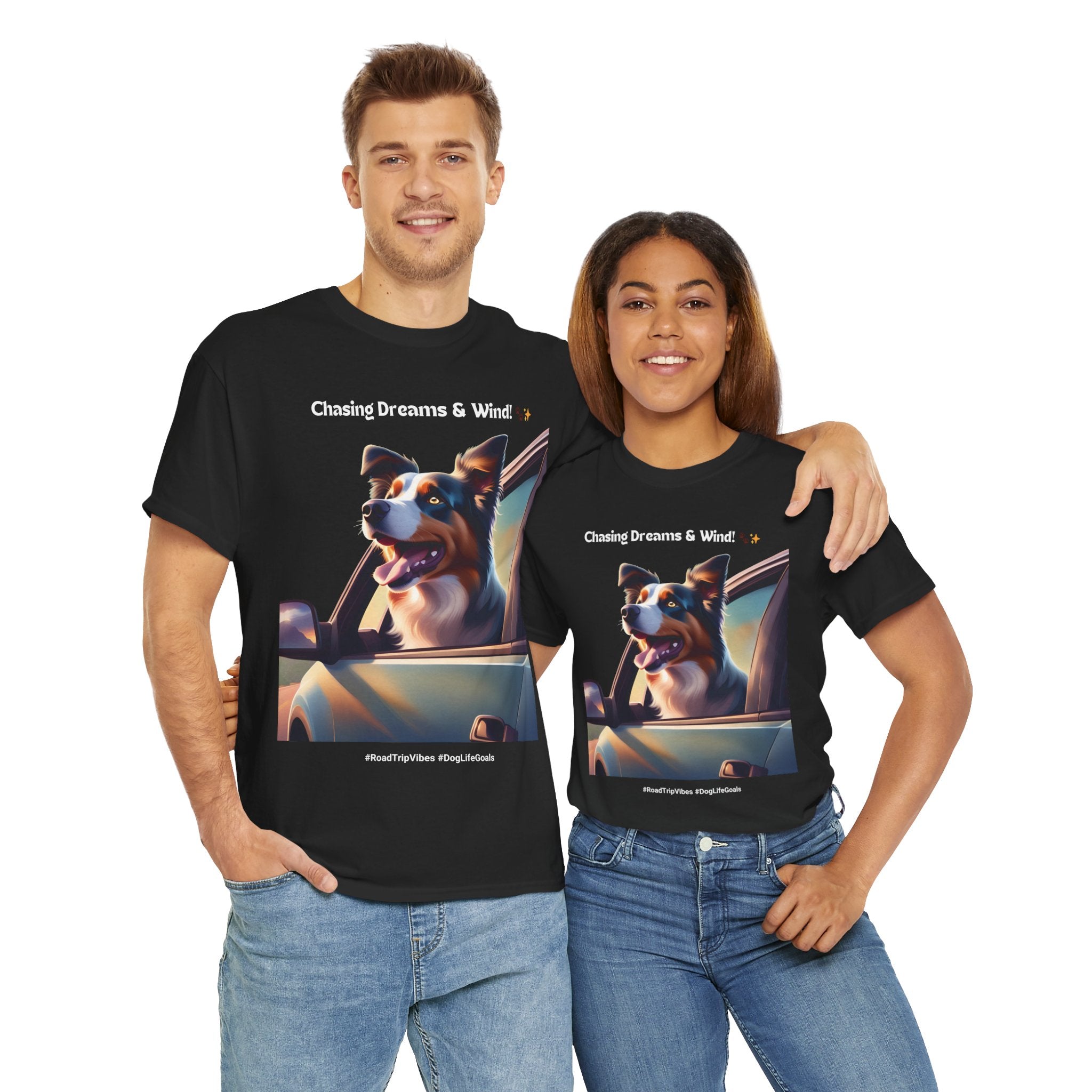 Unisex “Chasing Dreams & Wind” Australian Shepherd T‑Shirt – Adventure Road Tee, Wanderlust Pup Gift