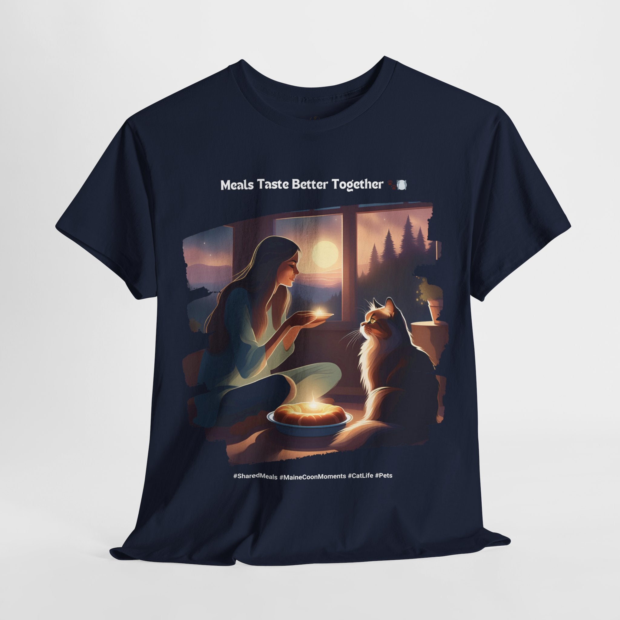 Women’s “Meals Taste Better Together” Maine Coon T‑Shirt – Meal Buddy Cat Gift